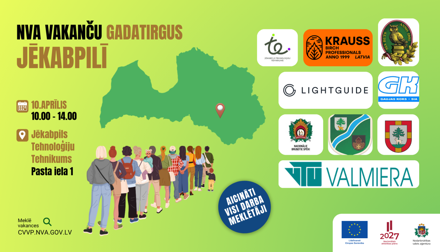 NVA vakanču gadatirgus Jēkabpilī 10. aprīlī – plakāts uz zaļa fona ar Latvijas karti un uzņēmumu logotipiem.