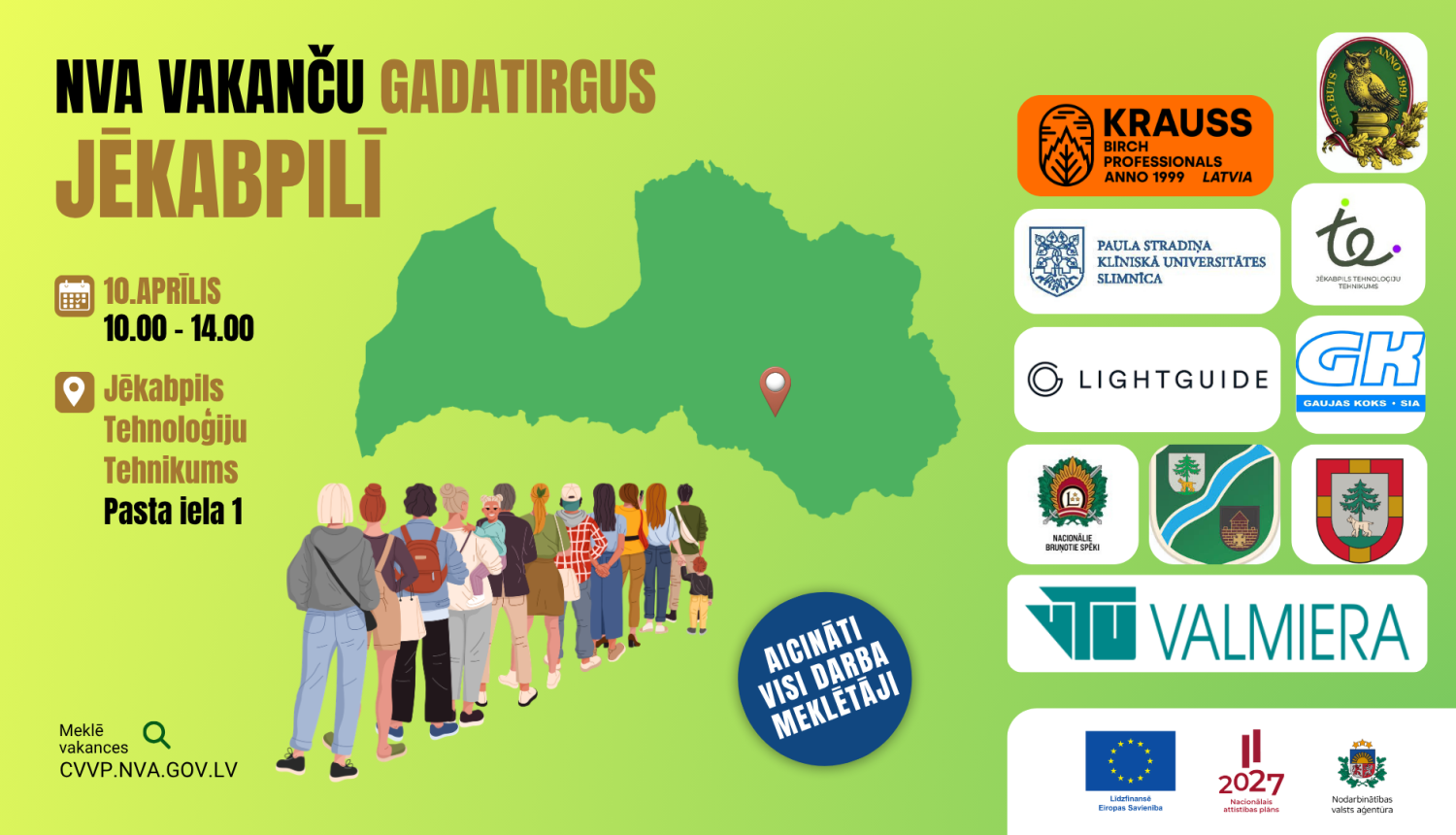 NVA vakanču gadatirgus Jēkabpilī 10. aprīlī – plakāts uz zaļa fona ar Latvijas karti un uzņēmumu logotipiem.