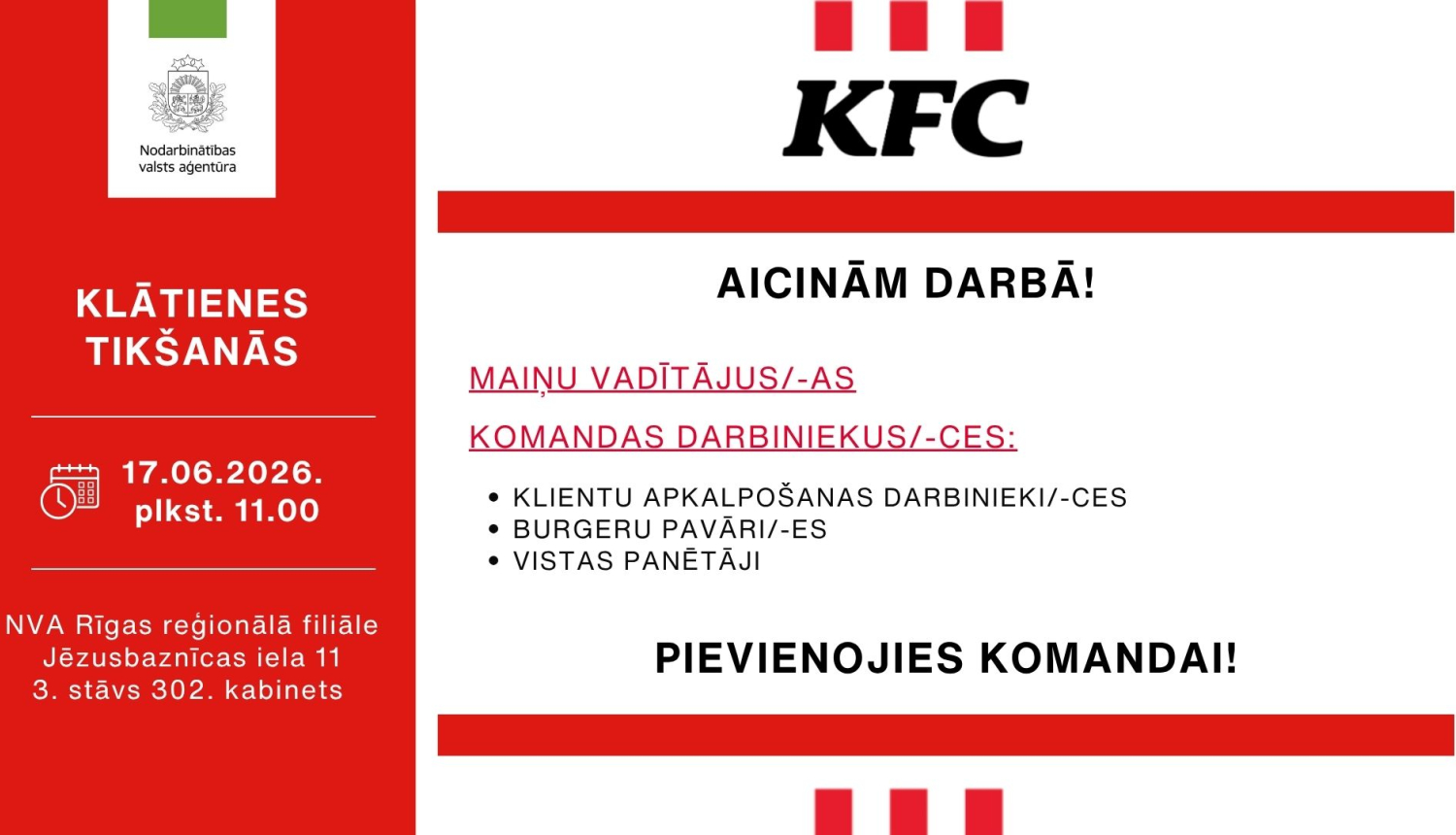 Informācija darba meklētājiem par klātienes tikšanos par darbu KFC 17. jūnijā