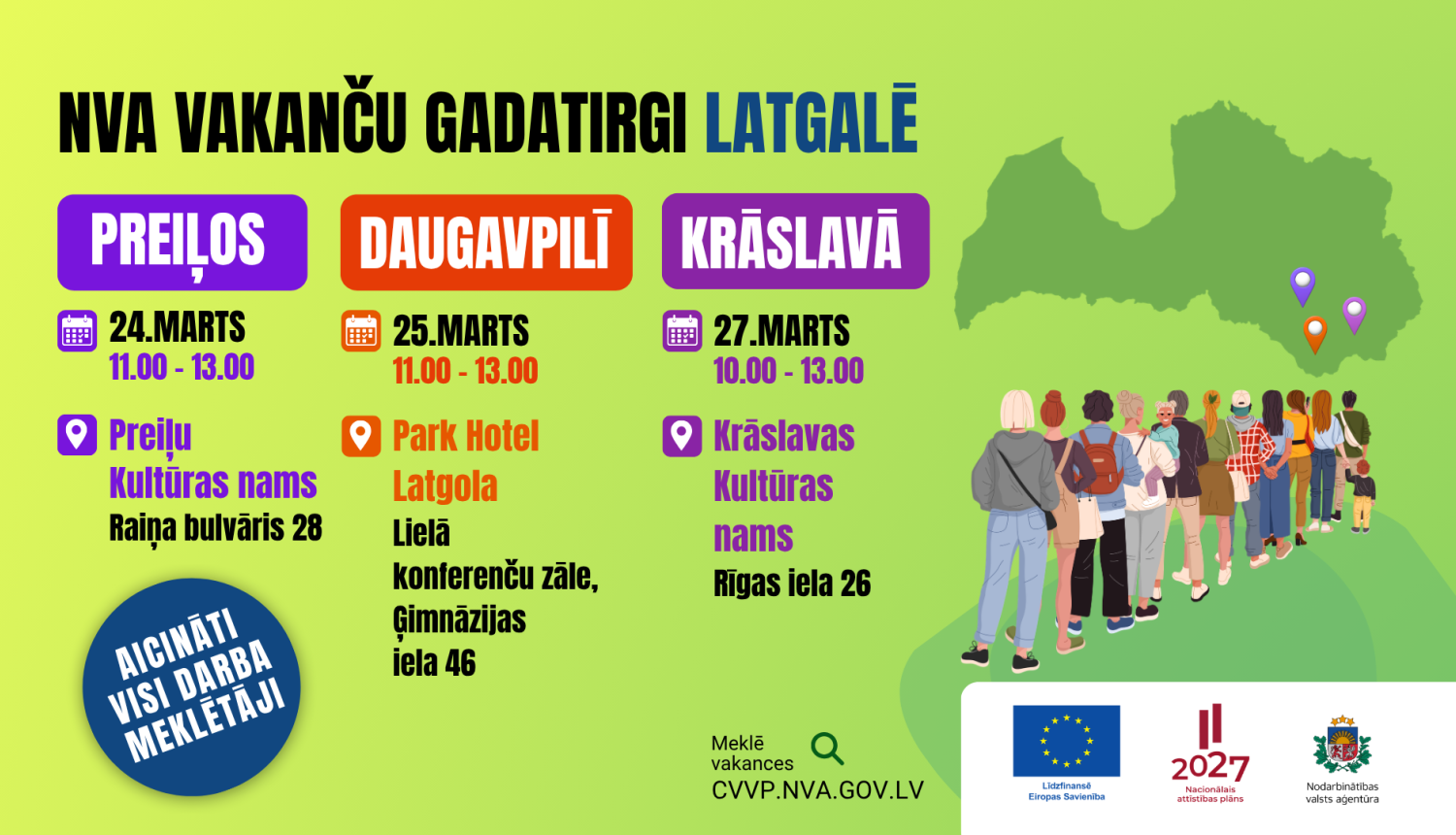 NVA vakanču gadatirgi Latgalē – Preiļos (24.03.), Daugavpilī (25.03.) un Krāslavā (27.03.) ar norises laikiem, adresēm un Latvijas karti.