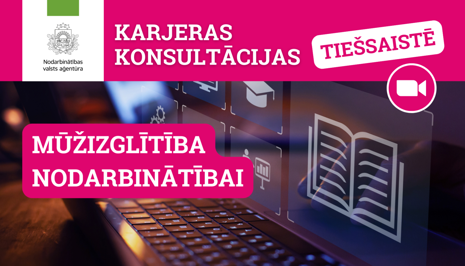Tiešsaistes karjeras konsultācijas par mūžizglītību nodarbinātībai, attēlā - dators ar izglītības un tehnoloģiju ikonām ekrānā 