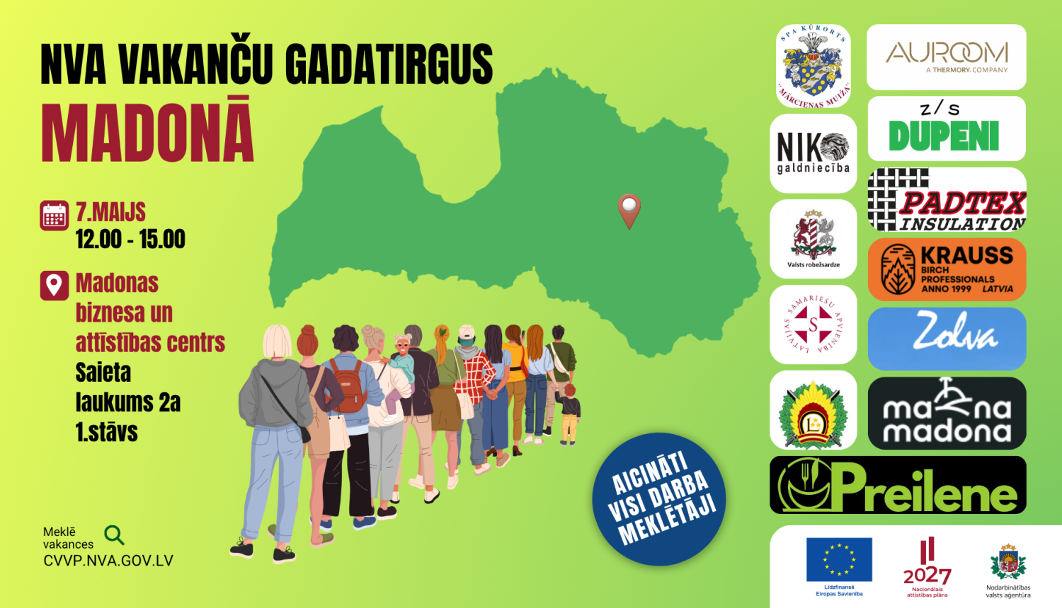 NVA vakanču gadatirgus Madona 07. maijā – plakāts uz zaļa fona ar Latvijas karti un uzņēmumu logotipiem.