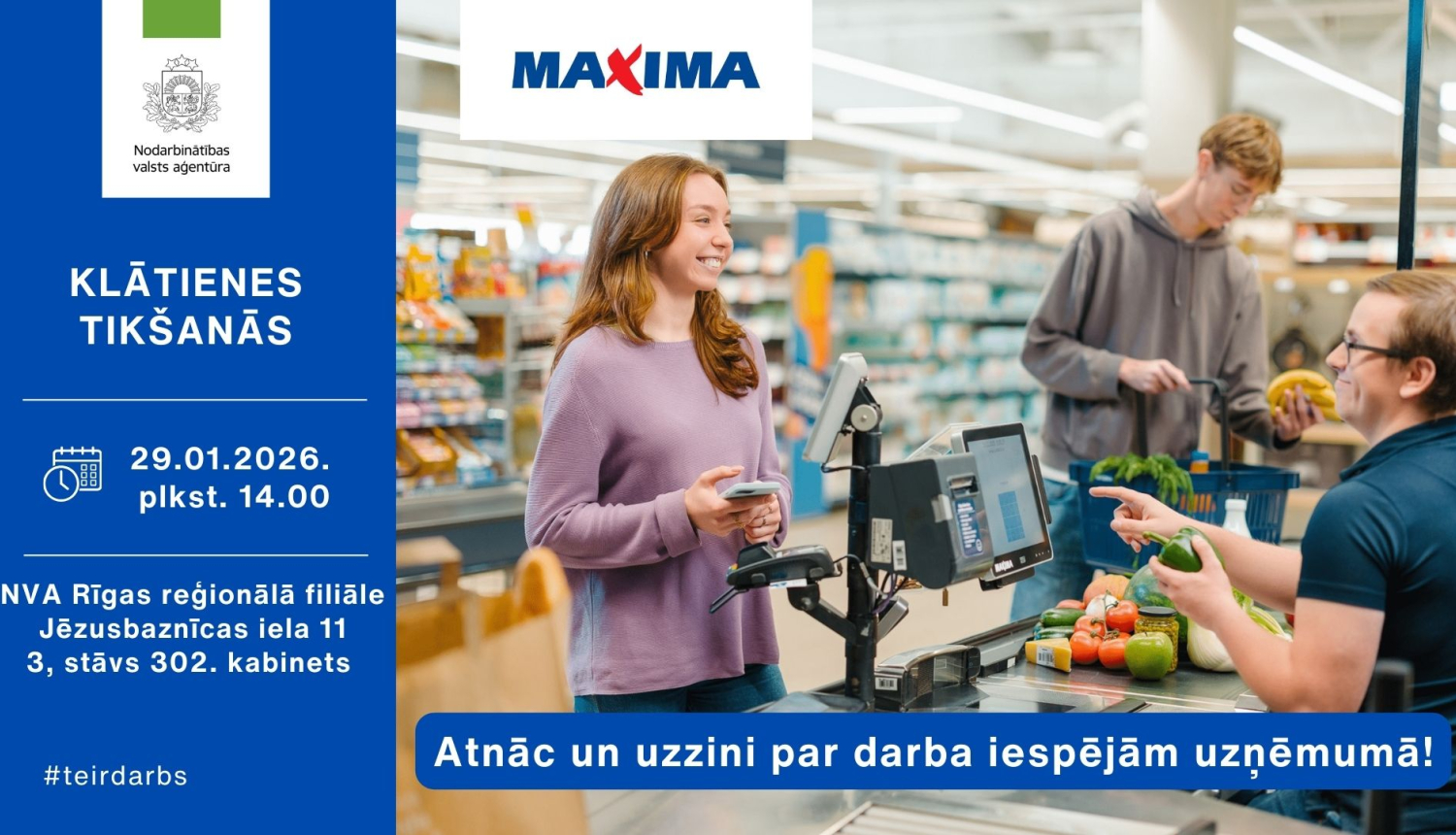 Plakāts, paziņojums par tikšanos ar darba devēju- attēlā sieviete, vīrietis un kasieris