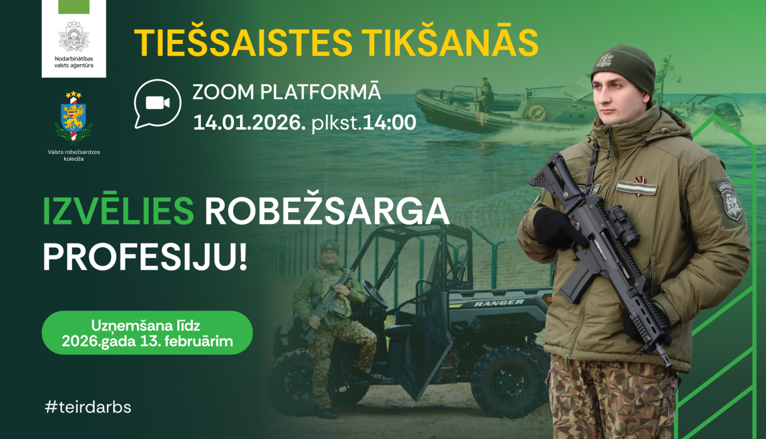 Lapā attēlots robežsargs un robežsardzes transports, kā arī informācija par pasākuma norises laiku