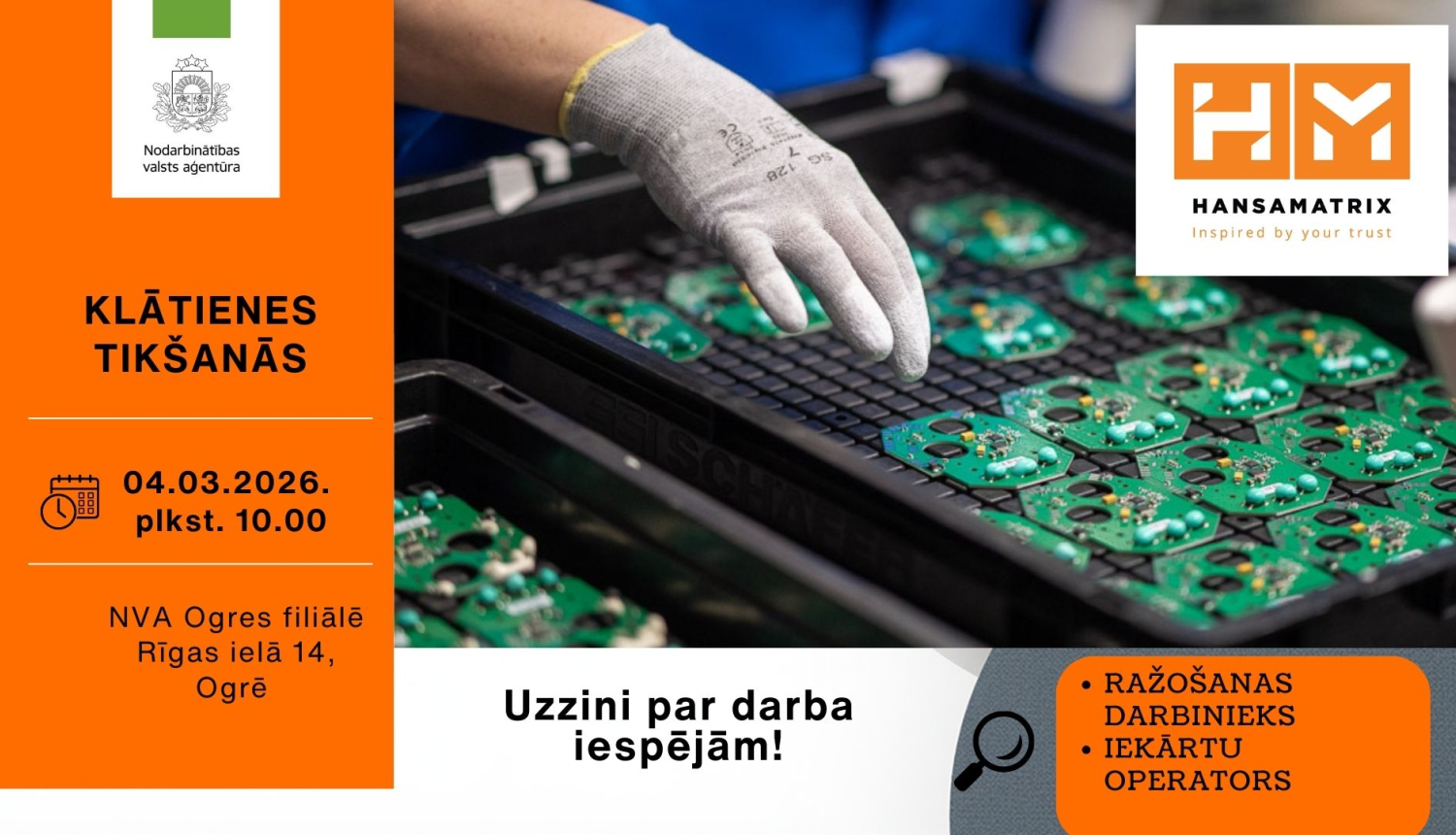 Plakāts, paziņojums par tikšanos ar darba devēju. Attēlā  roka pie iekārtas.