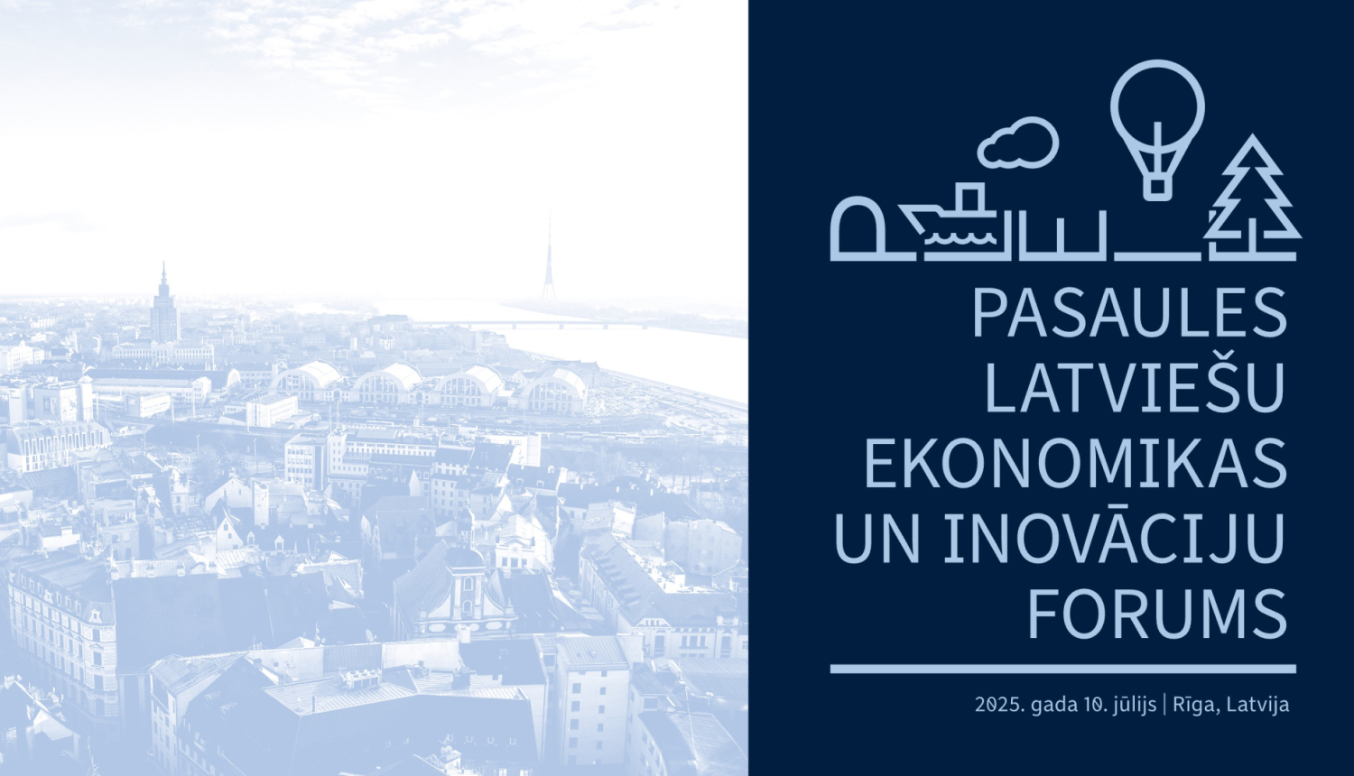 Rīgas panorāmas skats ar uzrakstu: “Pasaules latviešu ekonomikas un inovāciju forums. 2025. gada 10. jūlijs, Rīga, Latvija.
