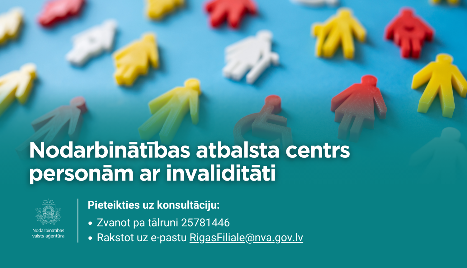 Nodarbinātības atbalsta centrs personām ar invaliditāti. Konsultācijai iespējams pieteikties pa tālruni 25781446 vai, nosūtot e-pastu, uz RigasFiliale@nva.gov.lv. Attēlā redzami dažādu krāsu cilvēciņu simboli uz zila fona.