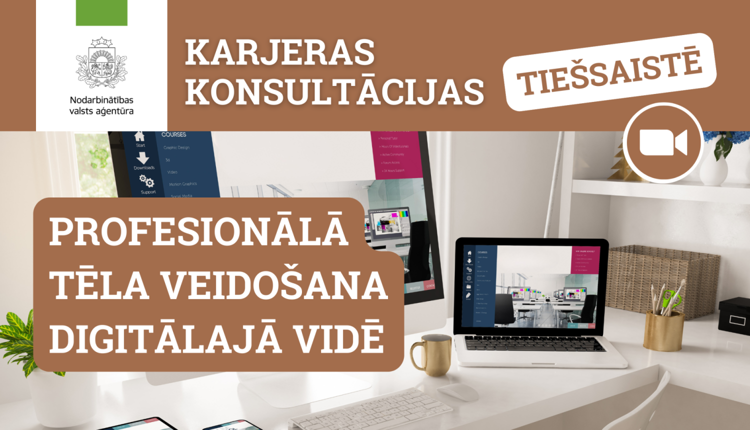 Karjeras konsultācija tiešsaistē par profesionālā tēla veidošanu digitālajā vidē, attēlā redzami datori un NVA logo. 