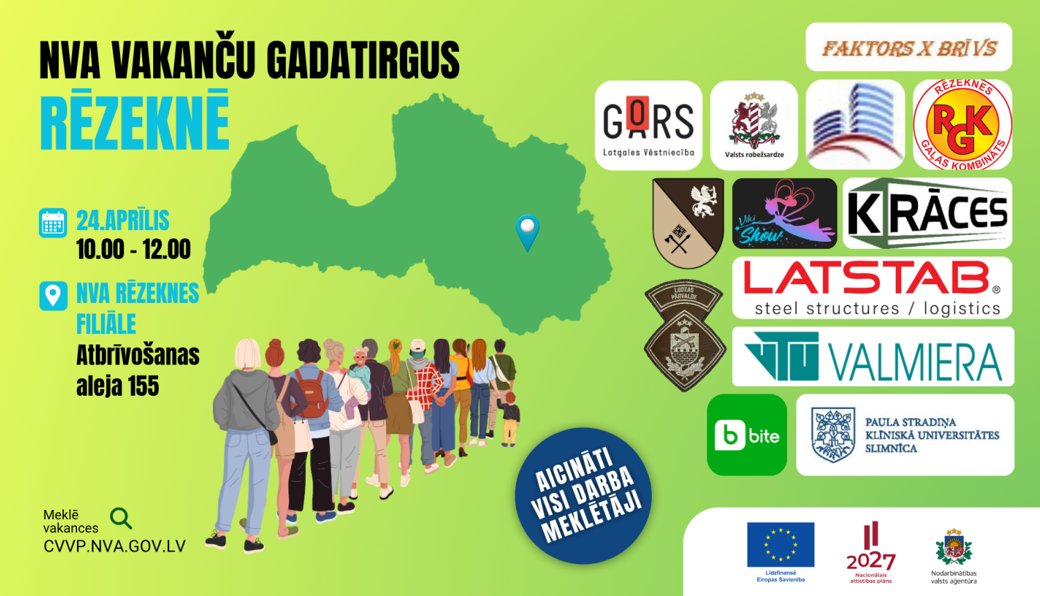 NVA vakanču gadatirgus Rēzeknē 24. aprīlī – plakāts uz zaļa fona ar Latvijas karti un uzņēmumu logotipiem.