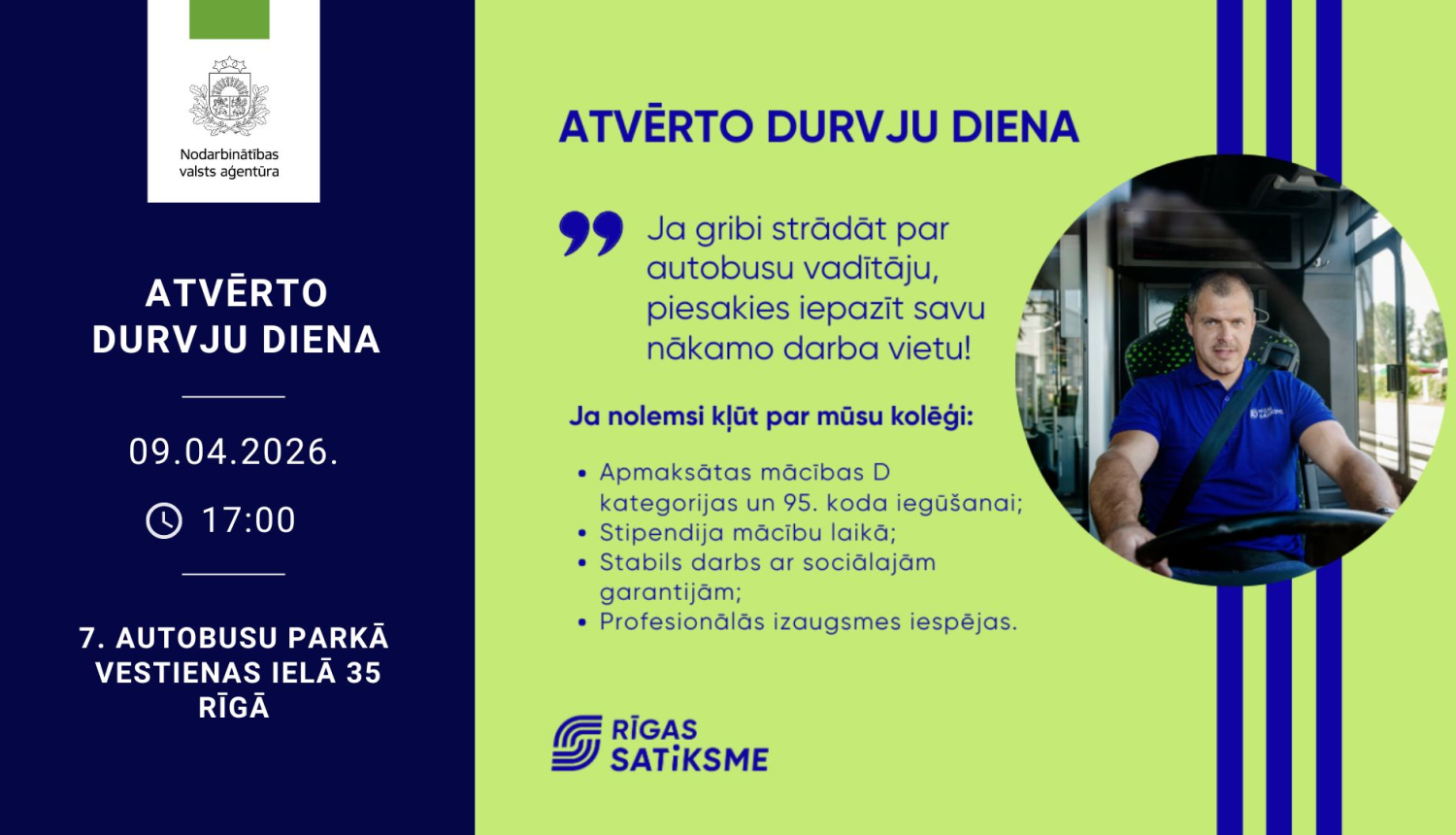Informācija darba meklētājiem par Rīgas Satiksmes atvērto durvju dienu 9. aprīlī 18. decembrī