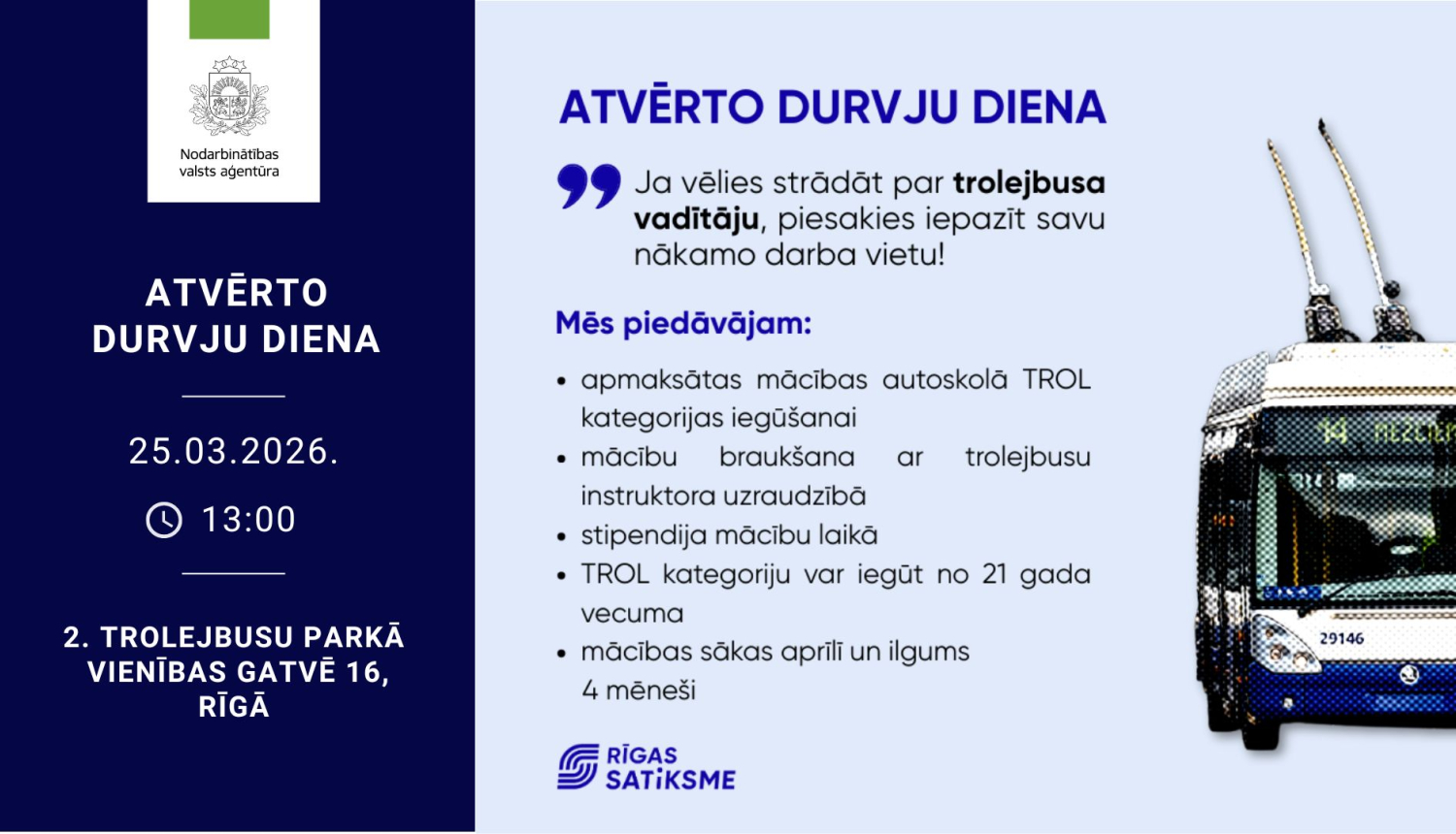Informācija darba meklētājiem par Rīgas Satiksmes atvērto durvju dienu 25. martā