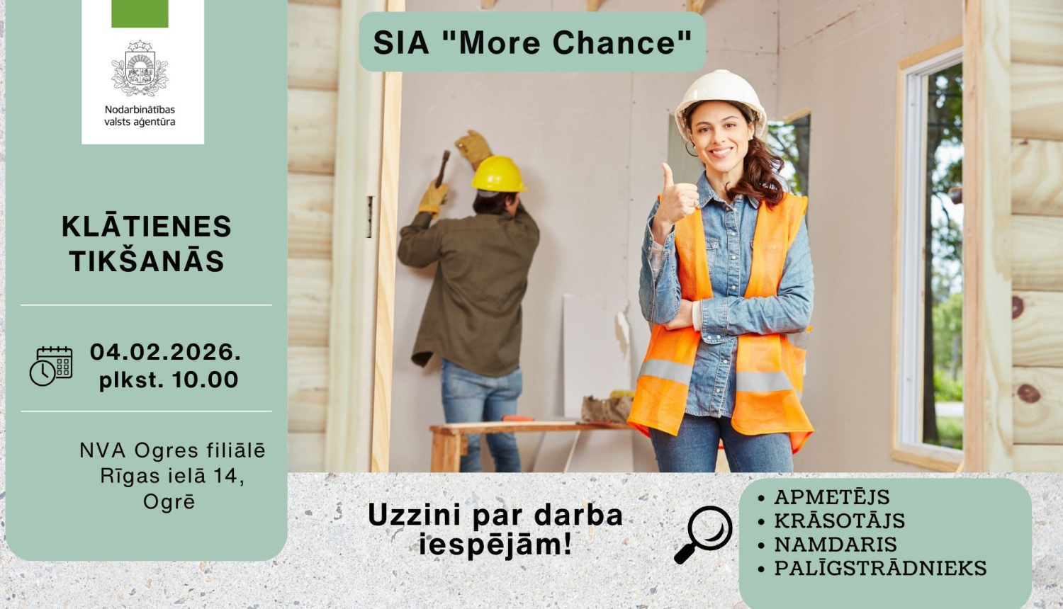 Informācija darba meklētājiem par klātienes tikšanos, attēlā meitene ar ķiveri un vīrietis