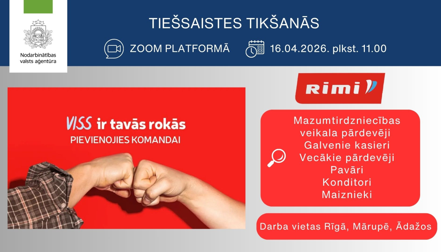 Informācija darba meklētājiem par tiešsaistes tikšanos ar Rimi Latvia 16. aprīlī