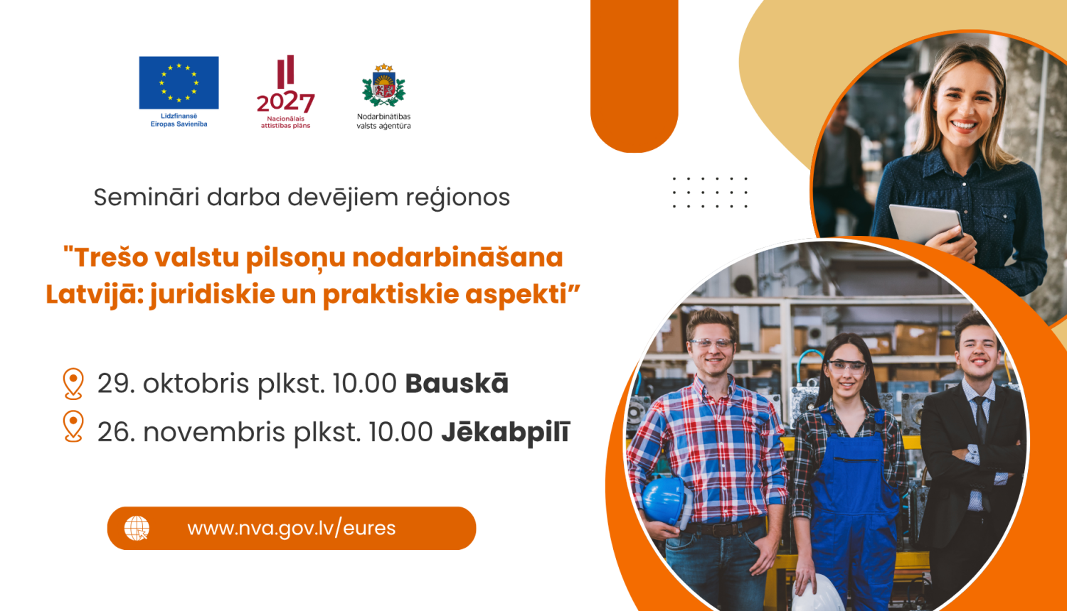 Semināra afiša par trešo valstu pilsoņu nodarbināšanu Latvijā, kurā redzami cilvēki darba vidē.