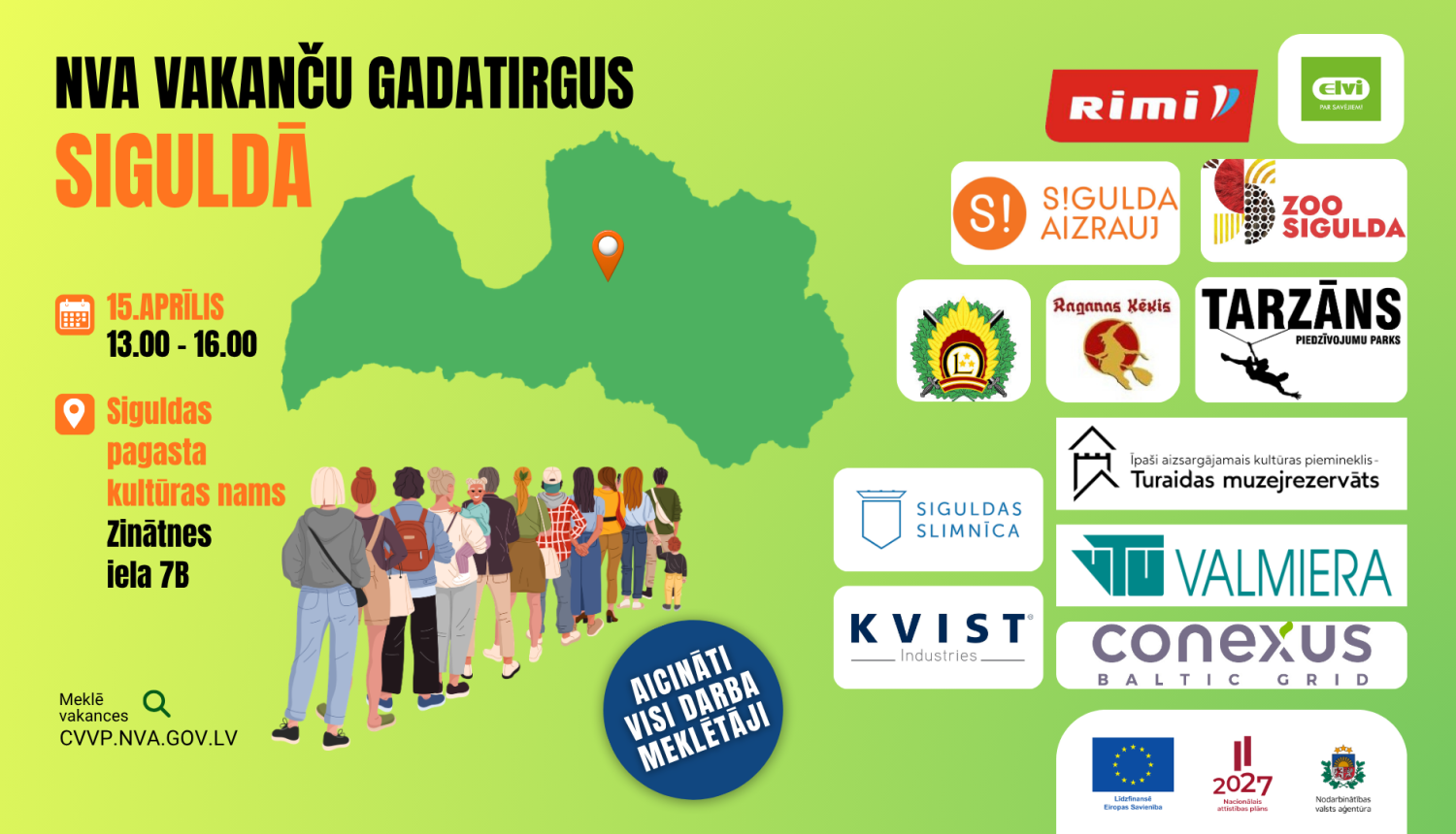 NVA vakanču gadatirgus Siguldā 15. aprīlī – plakāts uz zaļa fona ar Latvijas karti un uzņēmumu logotipiem.