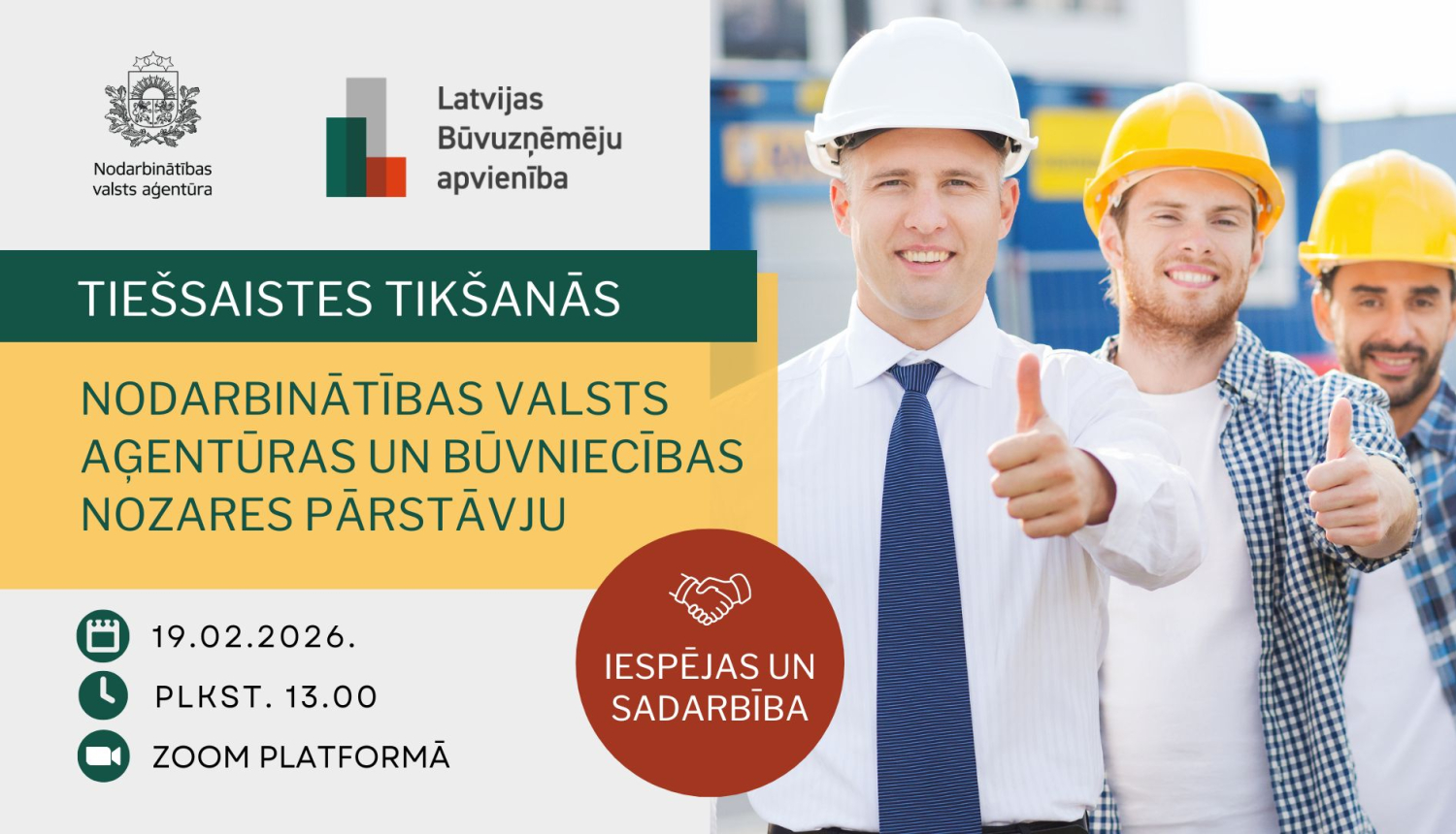 Tiešsaistes tikšanās afiša ar trim būvnieku pārstāvjiem aizsargķiverēs.