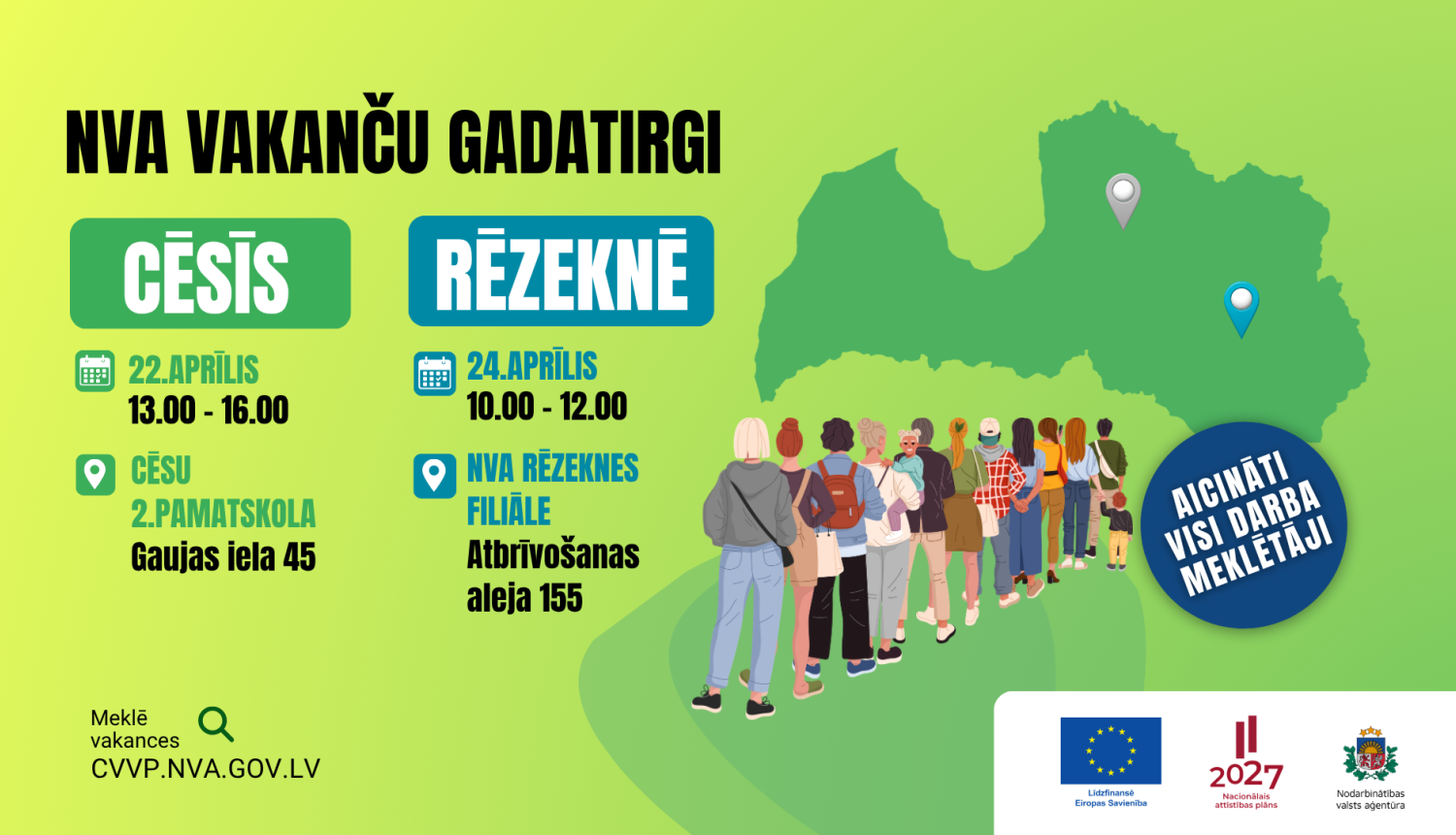 NVA vakanču gadatirgi Cēsīs un Rēzeknē – plakāts uz zaļa fona ar Latvijas karti un uzņēmumu logotipiem.