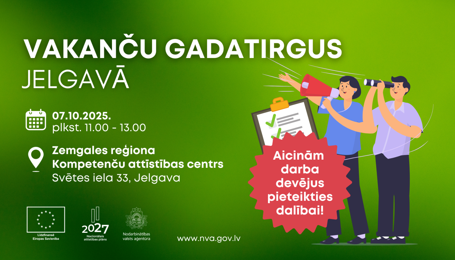 Afiša par vakanču gadatirgu Jelgavā 2025. gada 7. oktobrī Zemgales reģiona Kompetenču attīstības centrā, ar aicinājumu darba devējiem pieteikties dalībai.
