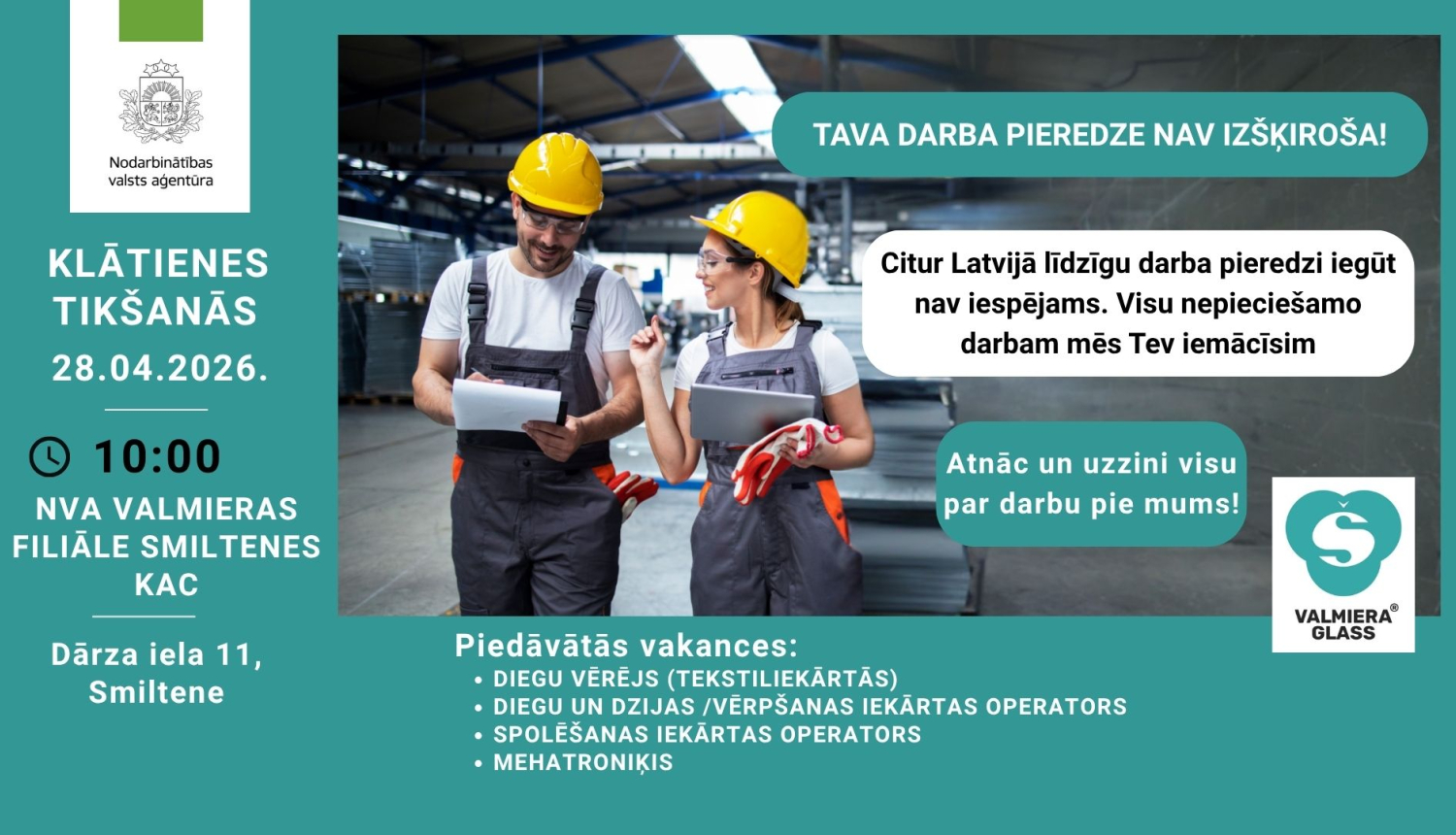 Plakāts, paziņojums par tikšanos ar darba devēju. Attēlā  divi cilvēki ķiverēs.