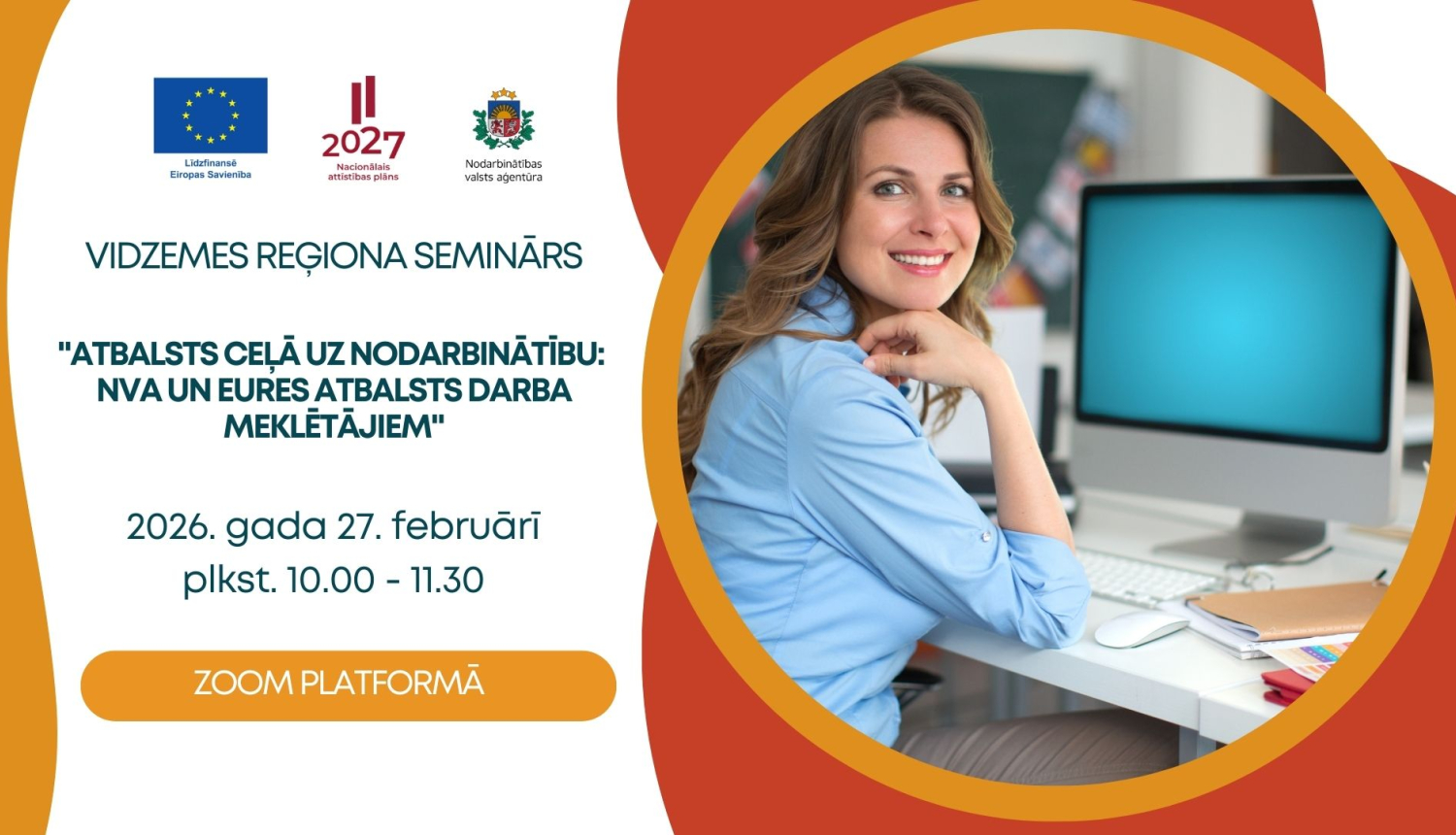 Plakāts, paziņojums par tiešsaistes semināru. Attēlā  meitene pie datora.