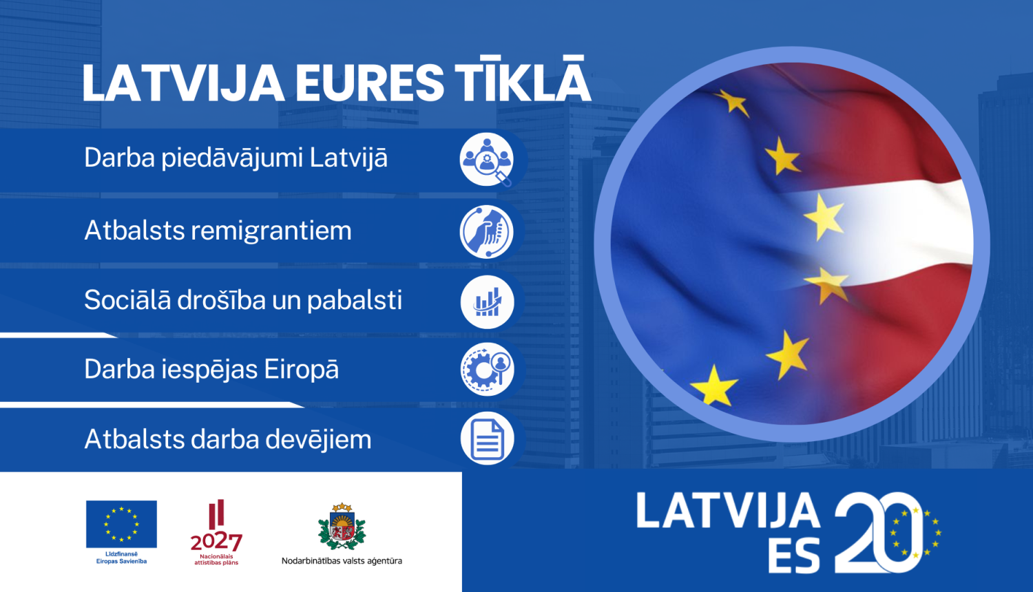 Attēls ir sadalīts divās daļās. Pirmajā daļā teksts un logo. Otrajā daļā ilustratīvs attēls. Apraksts zem attēla.