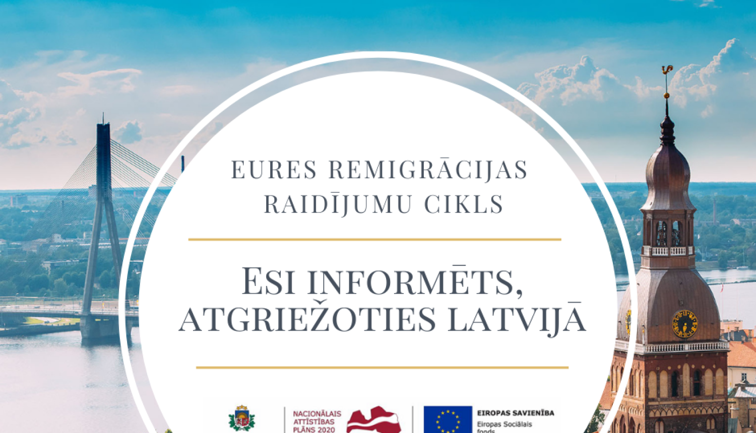 NVA logo, ESF logo ansamblis, teksts, Rīgas pilsētas panorāmas attēls