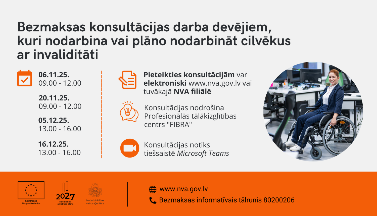 Afiša, kas informē par bezmaksas tiešsaistes konsultācijām darba devējiem par cilvēku ar invaliditāti nodarbināšanu