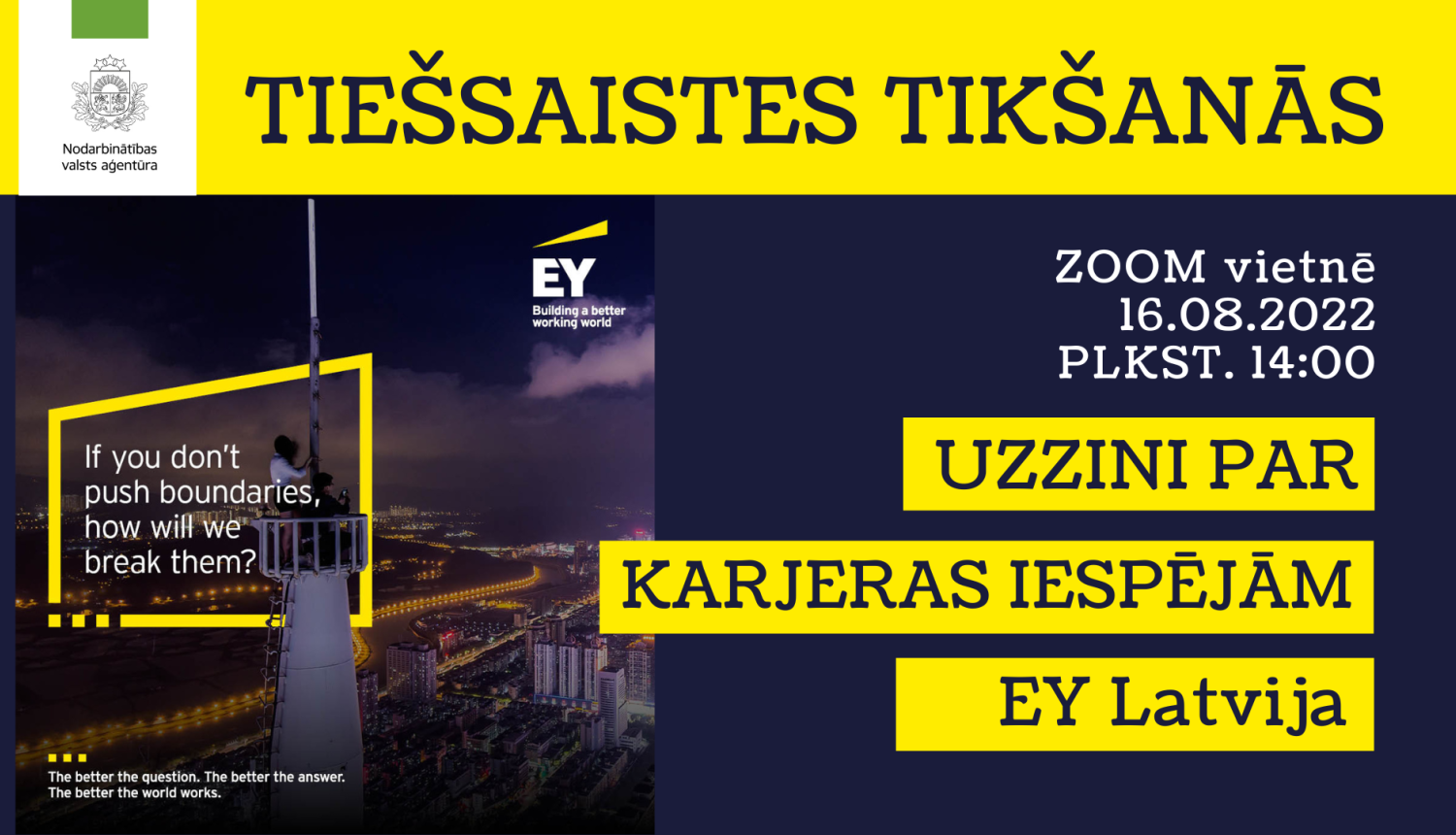 NVA logo, EY Latvija logo, tekstuāls saturs, foto: pilsēta 