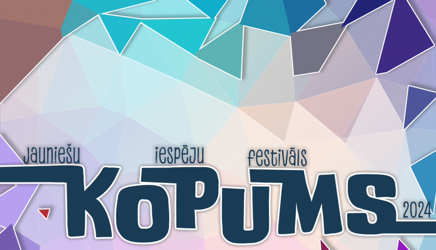 Afiša ar daudzkrāsainiem ģeometriskiem rakstiem fonā un tekstu "Jauniešu iespēju festivāls KOPUMS 2024"