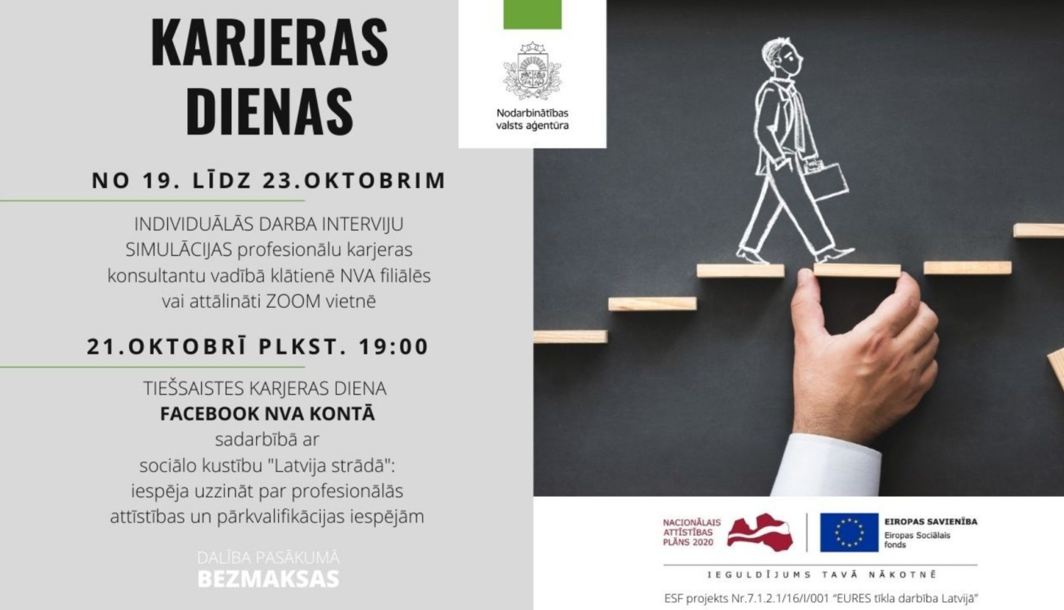 Stilizētas kāpnes, uz kurām uzzīmēts ejošs cilvēks, roka ar baltu piedurkni, teksts, NVA un Eiropas Savienības logo