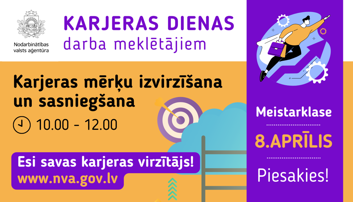 NVA logo, tektuāls saturs, zīmējums: cilvēks lido veidot karjeru