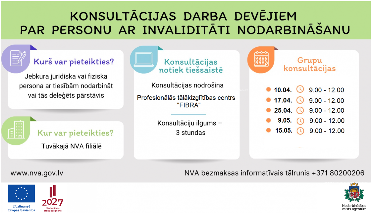 Attēls ir sadalīts divās daļās. Pirmajā daļā teksts: NVA aicina darba devējus pieteikties vajadzīgo darbinieku praktiskai apmācībai. Otrajā daļāl logo. Apraksts zem attēla.