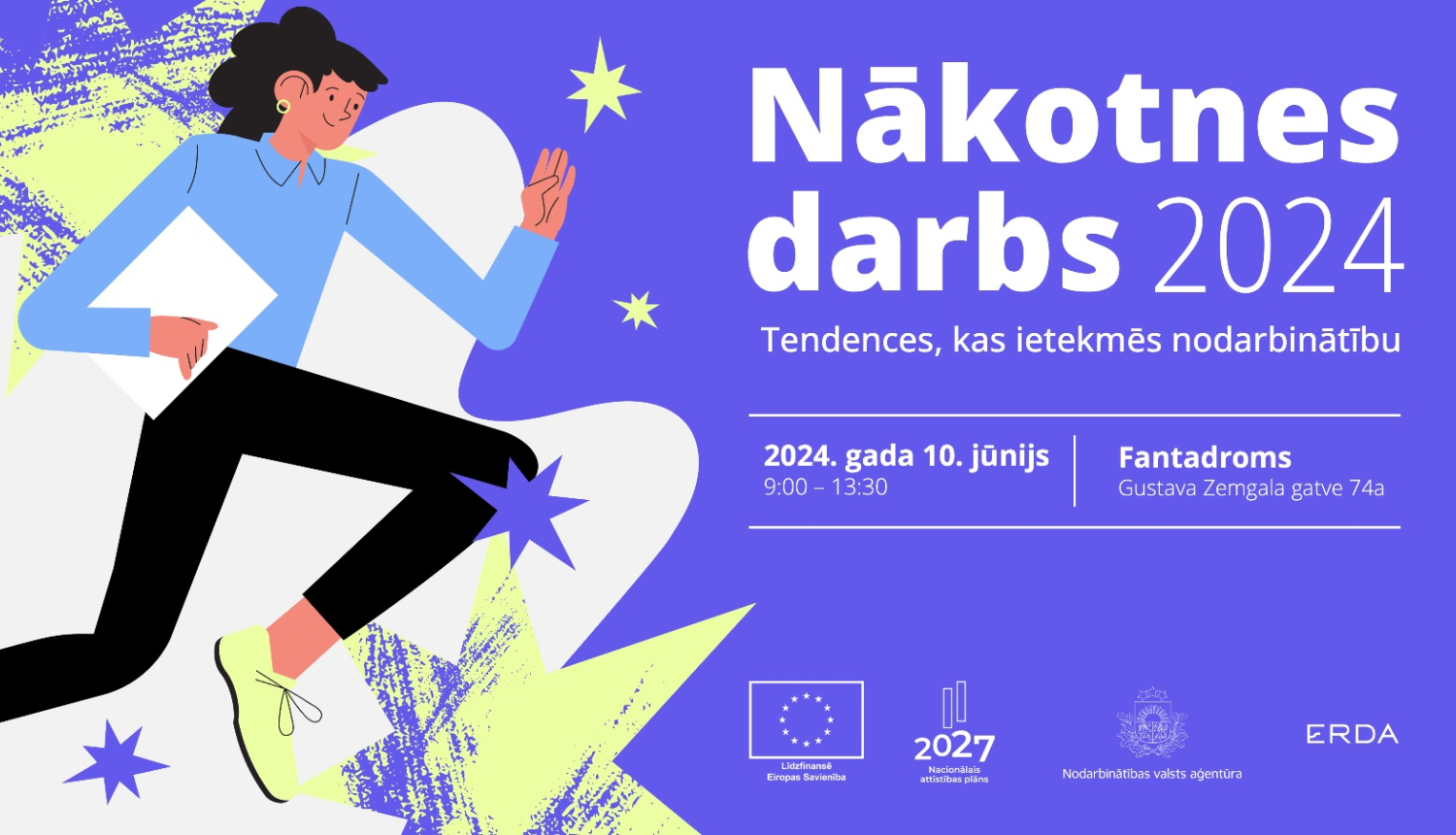 Attēls ir sadalīts divās daļās. Pirmajā daļā Ilustratīvs attēls. Otrajā daļā teksts "Nākotnes darbs 2024" un logo. Apraksts zem attēla.
