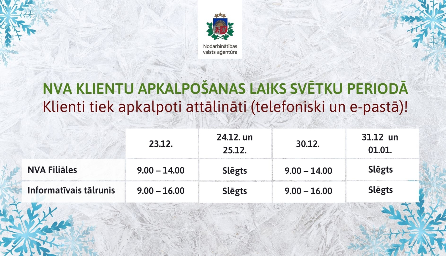 NVA logo, sniega pārslas, sniega fons, tabula un teksts