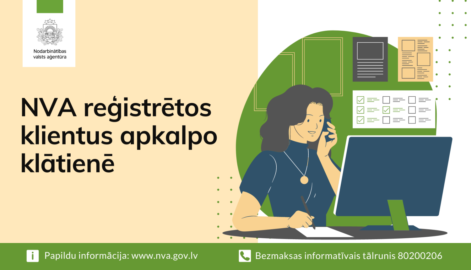 NVA logo, teksts, attēlā: darbs birojā pie datora