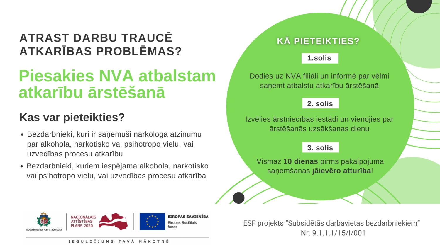 NVA logo, ESF logo, tekstuāls saturs