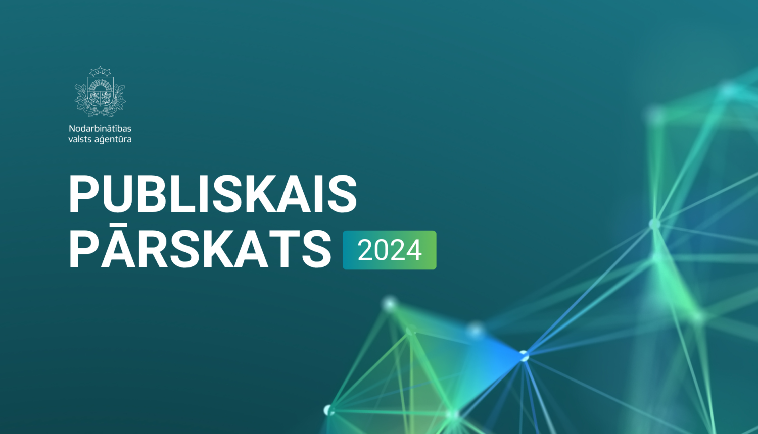 Nodarbinātības valsts aģentūras 2024. gada publiskā pārskata vizualizācija ar iestādes logo un mūsdienīgu grafisku fonu