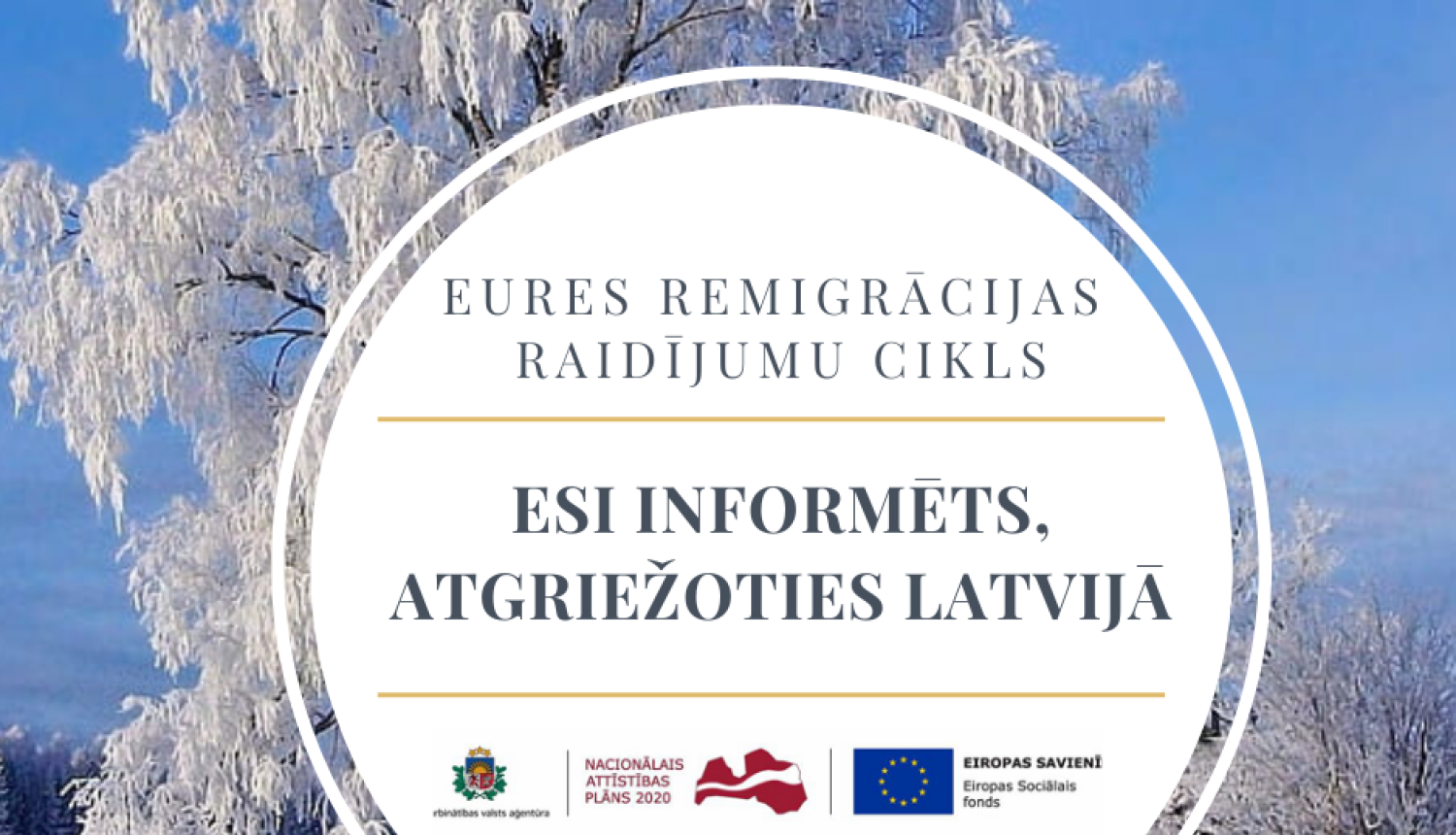 Vizualizācija: ESF un NVA logo, tekstuāls saturs, foto - ziemas ainava