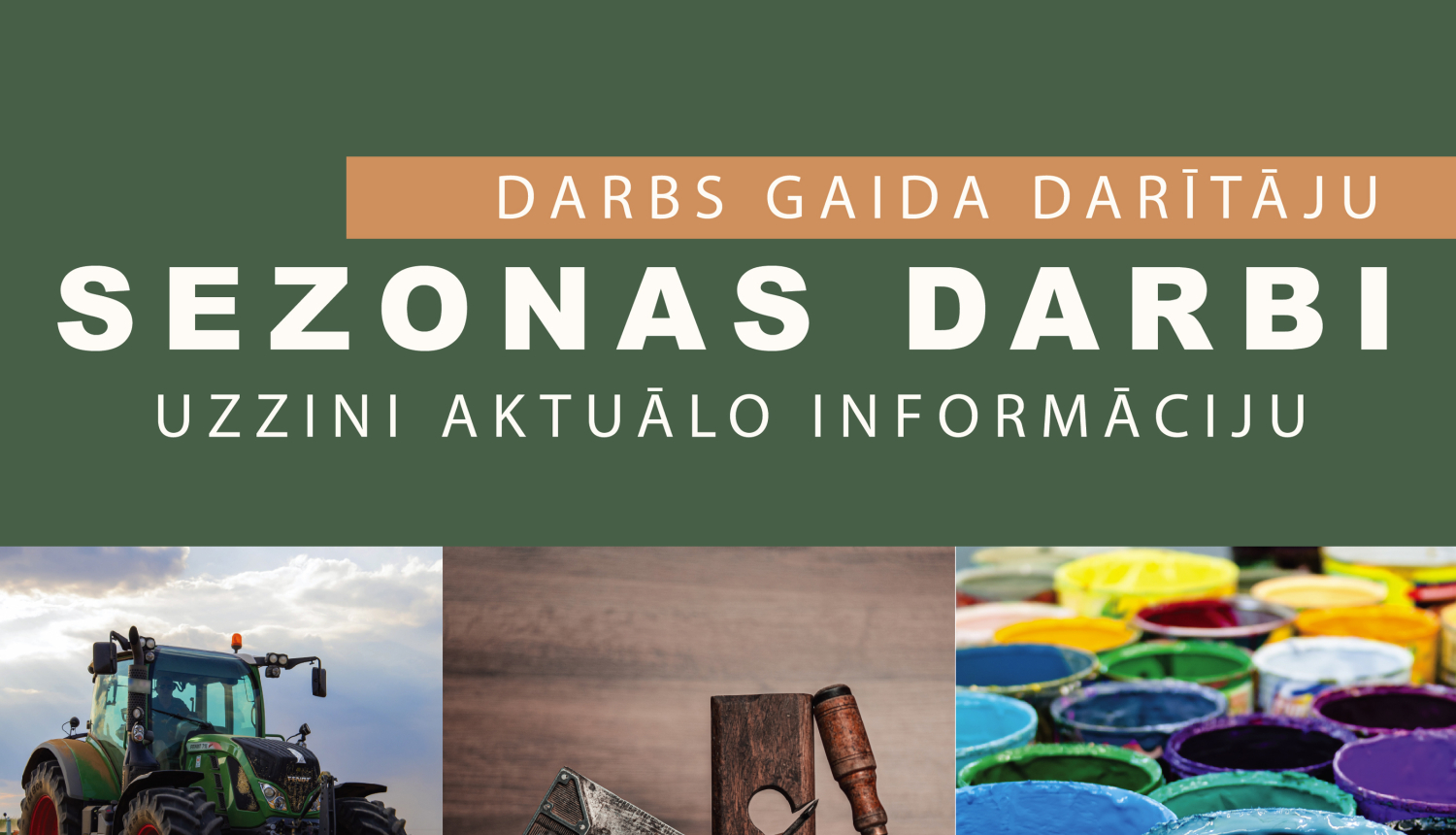 Attēlu kolāža, traktors novāc ražu, redzami būvdarbu instrumenti dažādās krāsās