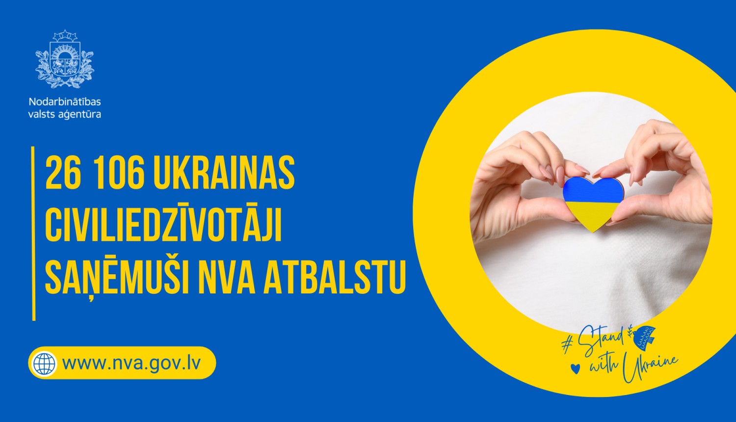 Attēls ir sadalīts divās daļās. Pirmajā daļā teksts, un logo. Otrajā daļā attēlotais cilvēks ar Ukrainas karogu rokās. Apraksts zem attēla.