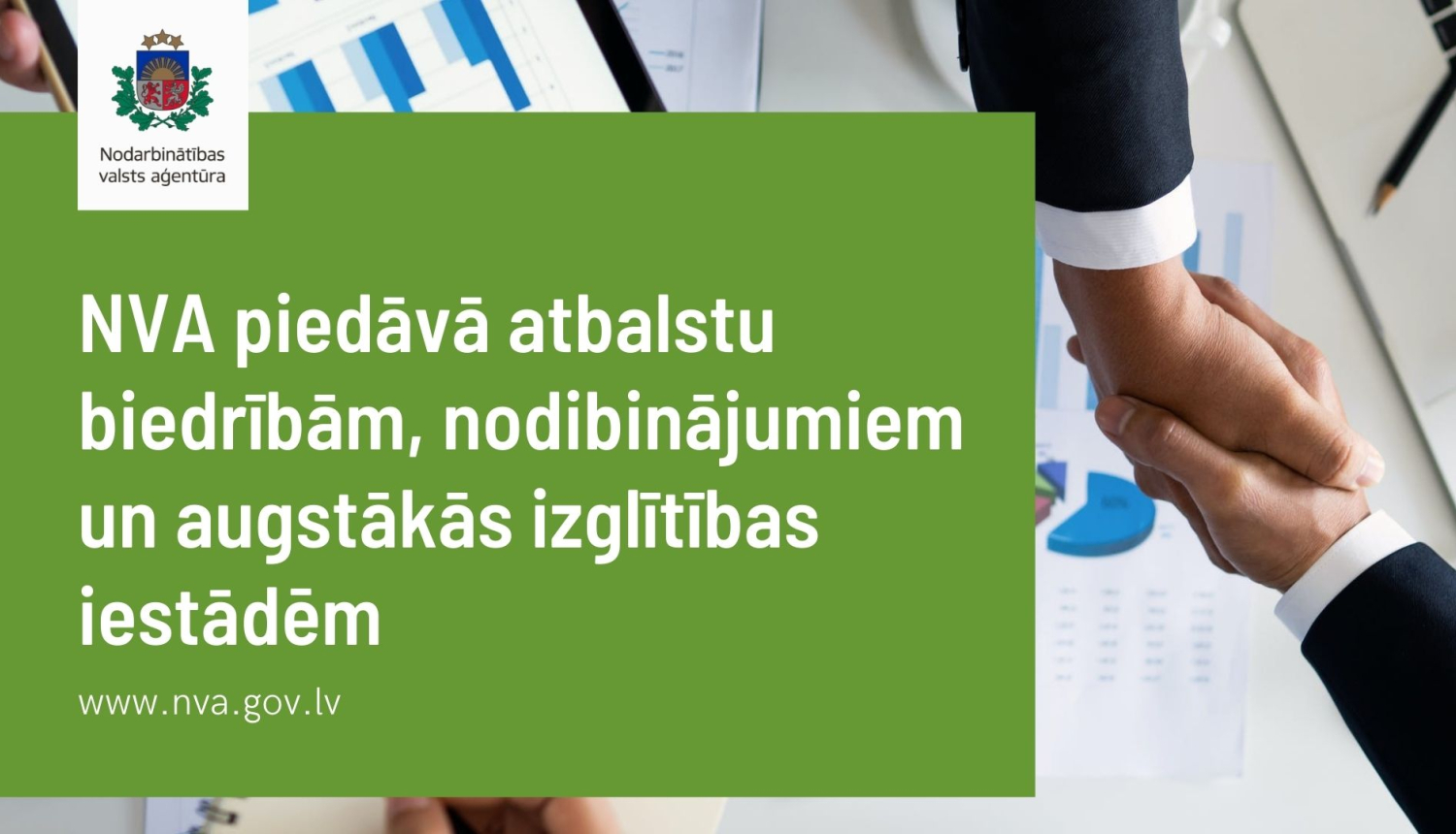 NVA logo, teksts, darba un draudzīga atmosfēra