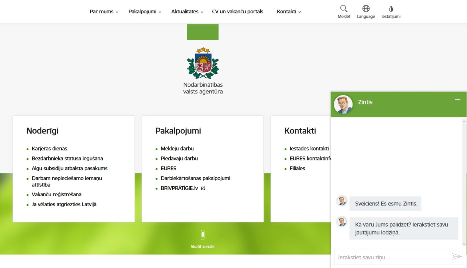 NVA vietnes sākumlapas ekrānkopija  