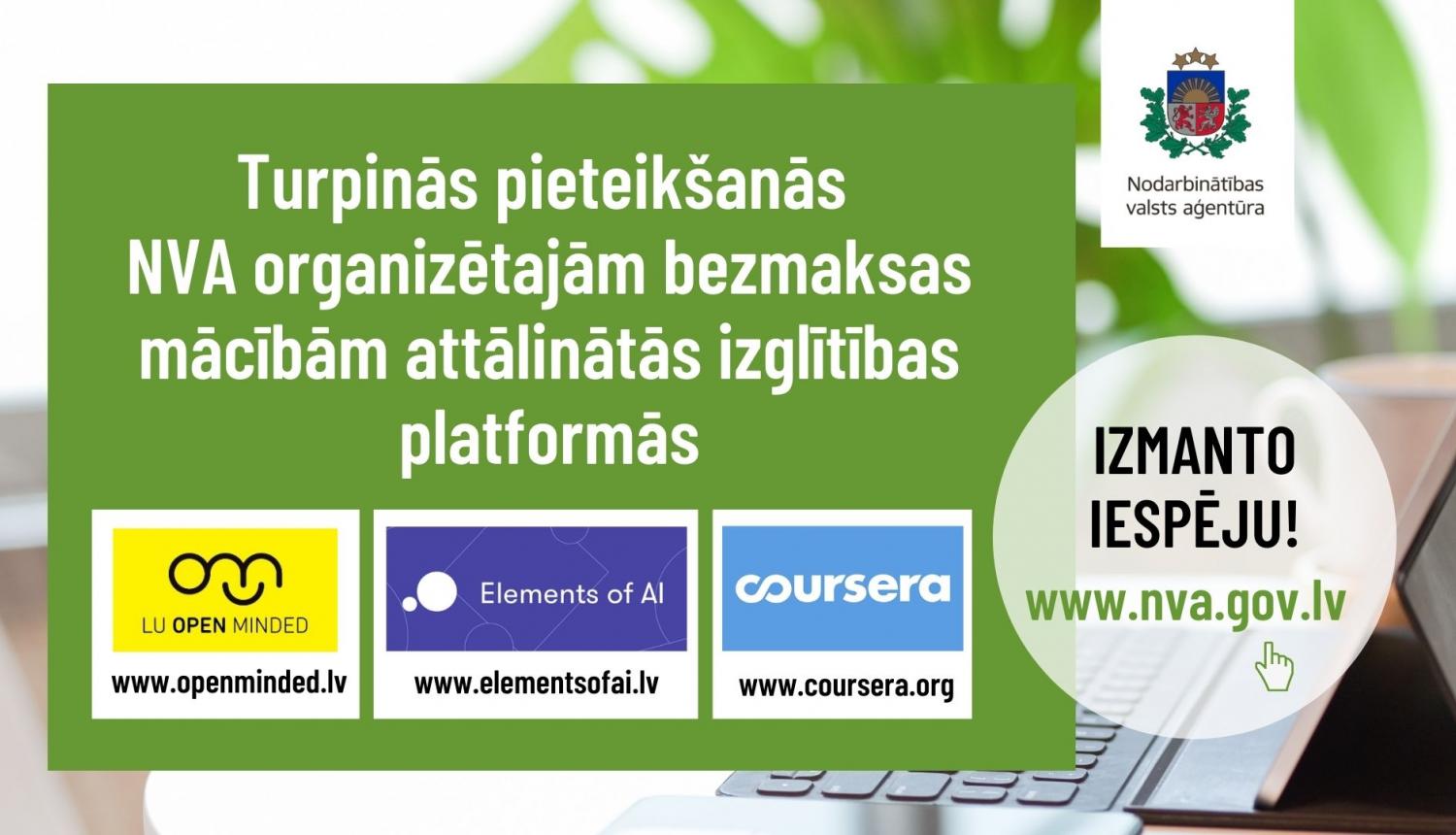 Teksts, NVA logo, klēpjdators, logo Open Minded, logo coursera, logo elementsofai 