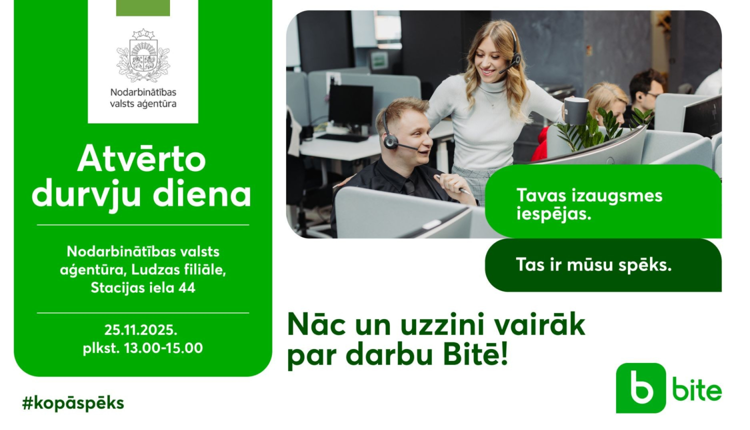 Lapā redzams zvanu centra biroja darbinieki veicot darba pienākumus un atkārtots teksts par tikšanos Ludzā