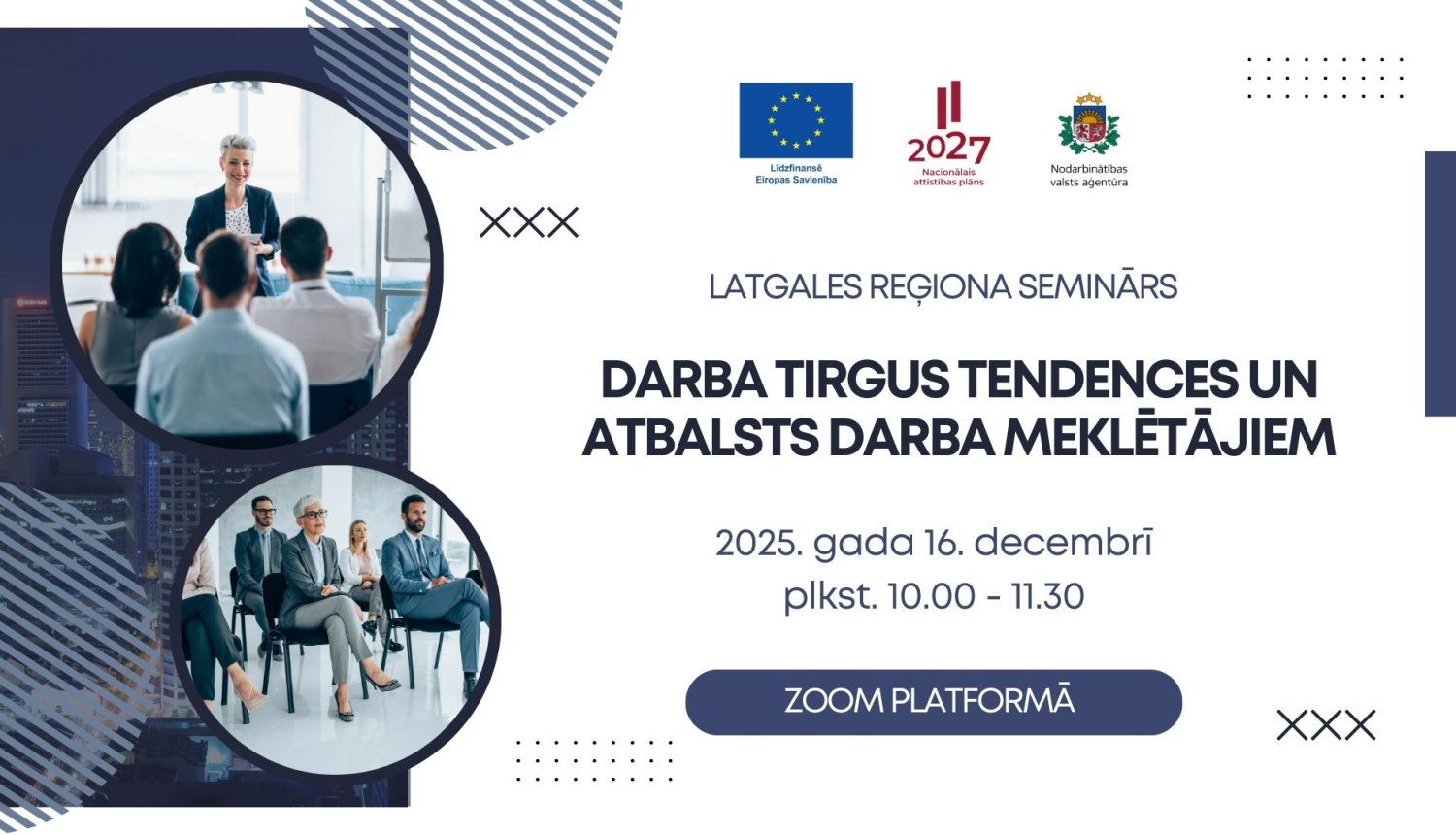 Lapā redzami divi attēli ar sanāksmi, kā arī atkārtots semināra nosaukums un norises laiks un vieta