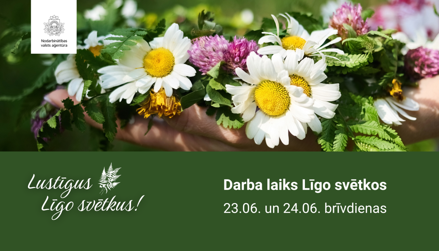 Apsveikuma kartīte ir sadalīta divās daļās. Pirmajā daļā  ilustratīvais attēls - skaisti ziedi. Otrajā daļā teksts: Darba laiks Līgo svētkos. Apraksts zem attēla.