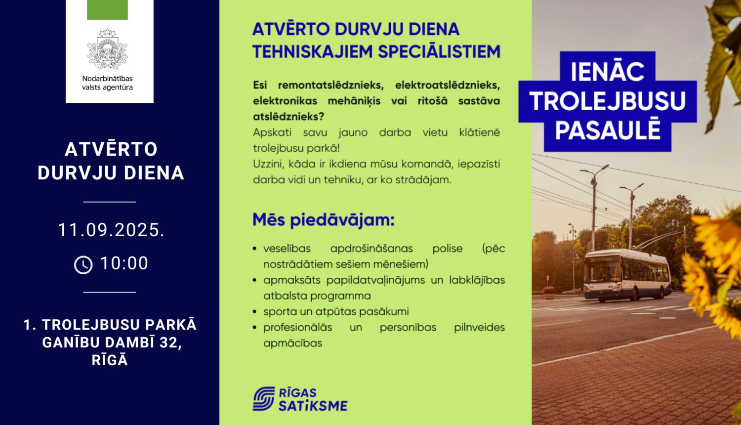 Ielas skats saulainā dienā ar braucošu trolejbusu. Mierīga un gaiša atmosfēra.