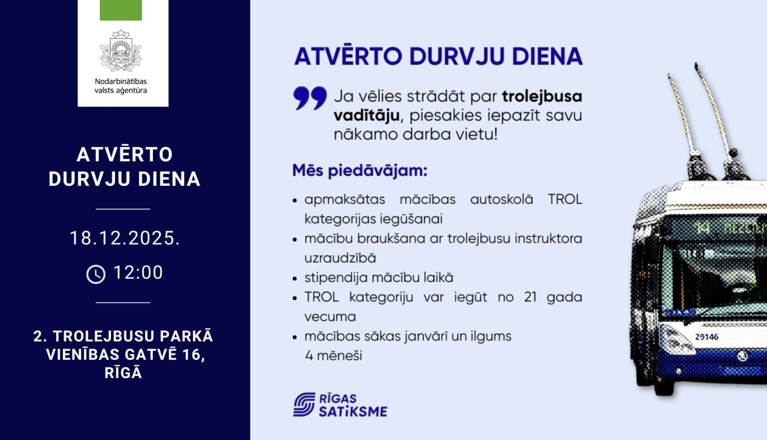 Informācija darba meklētājiem par Rīgas Satiksmes atvērto durvju dienu 18. decembrī