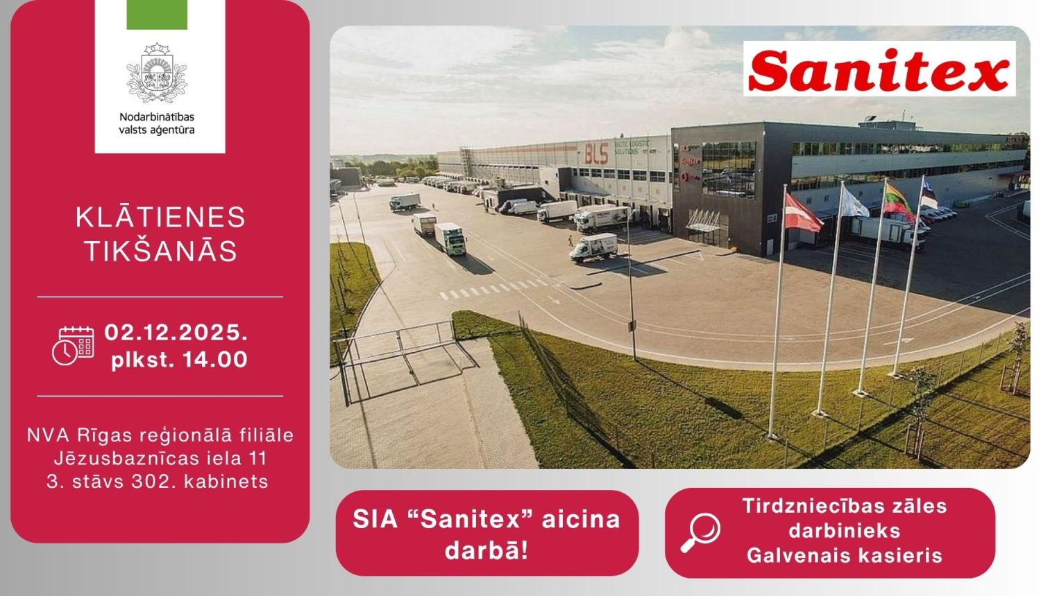 Informācija darba meklētājiem par klātienes tikšanos ar uzņēmumu Sanitex 2. decembrī