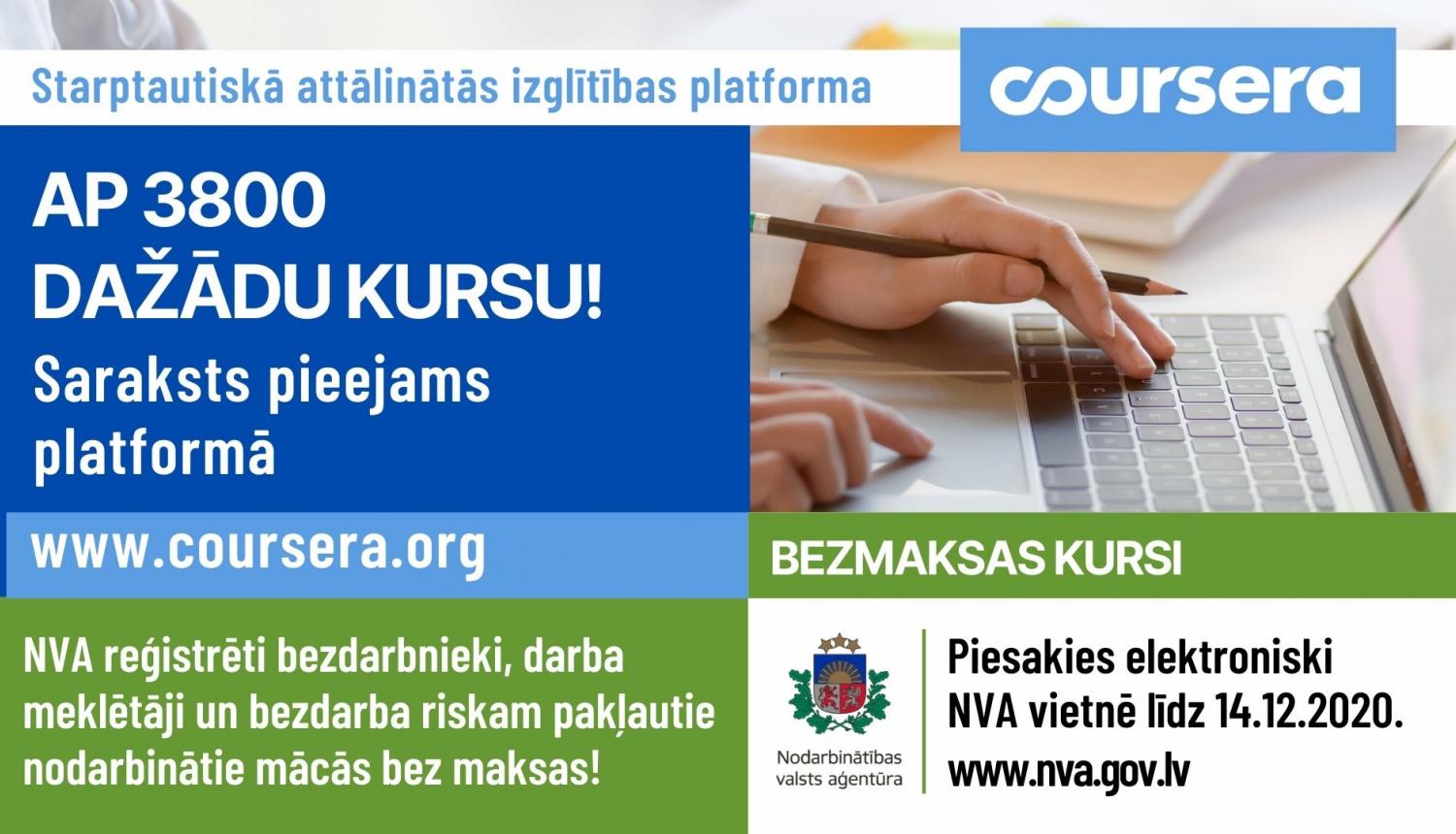 Teksts, NVA logo, klēpjdators, roka, logo Coursera